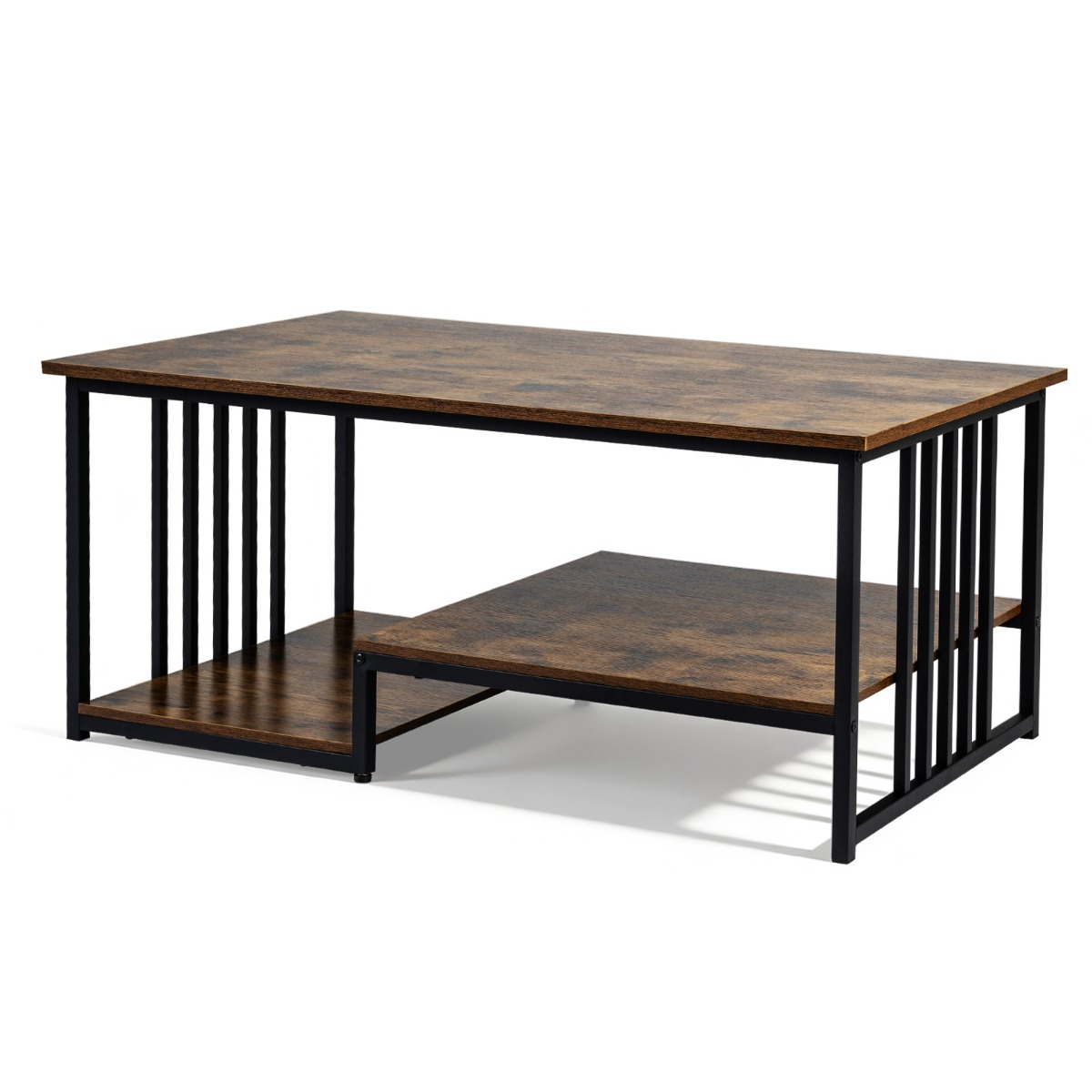 Ristkülikukujuline kohvilaud kahe riiuli ja tugeva metallraamiga. Moodne aktsentlaud, maalähedane pruun.