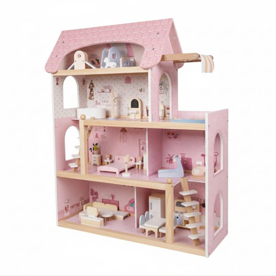 Laste puidust nukumaja 33 mööbliesemega, isetehtud mängumaja rõdu ja basseiniga, roosa nukumaja