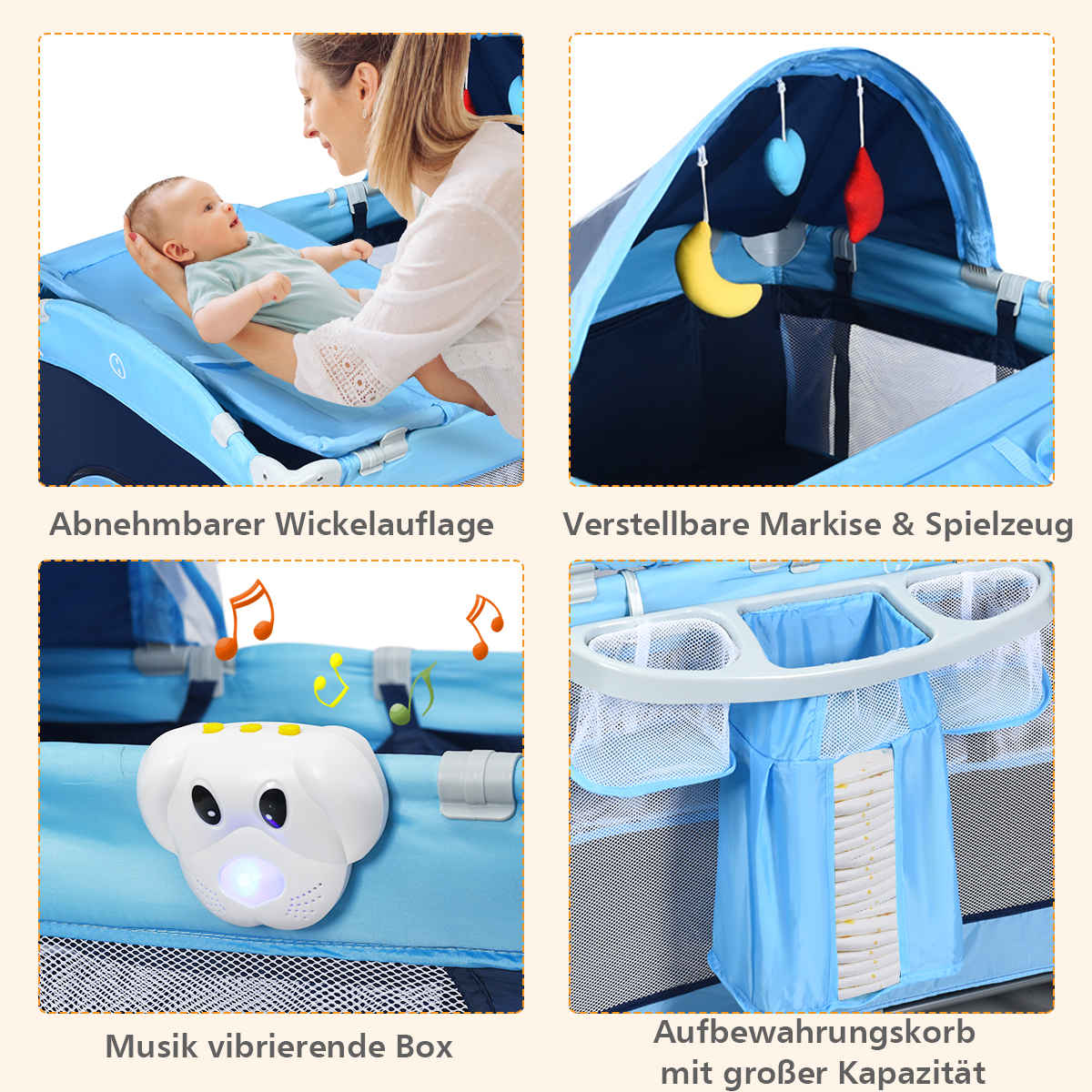 Reisivoodi ja mänguaedik koti ja sääsevõrguga - sinine