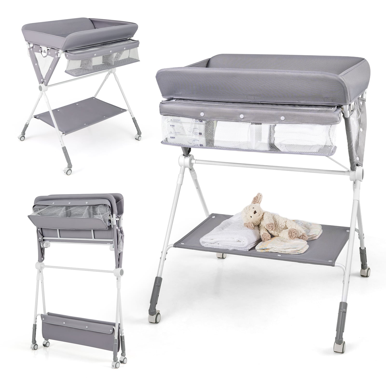 Kaasaskantav mähkimislaud, kokkupandav mähkimisala kolmes suunas reguleeritava kõrguse ja lukustatavate ratastega, hall