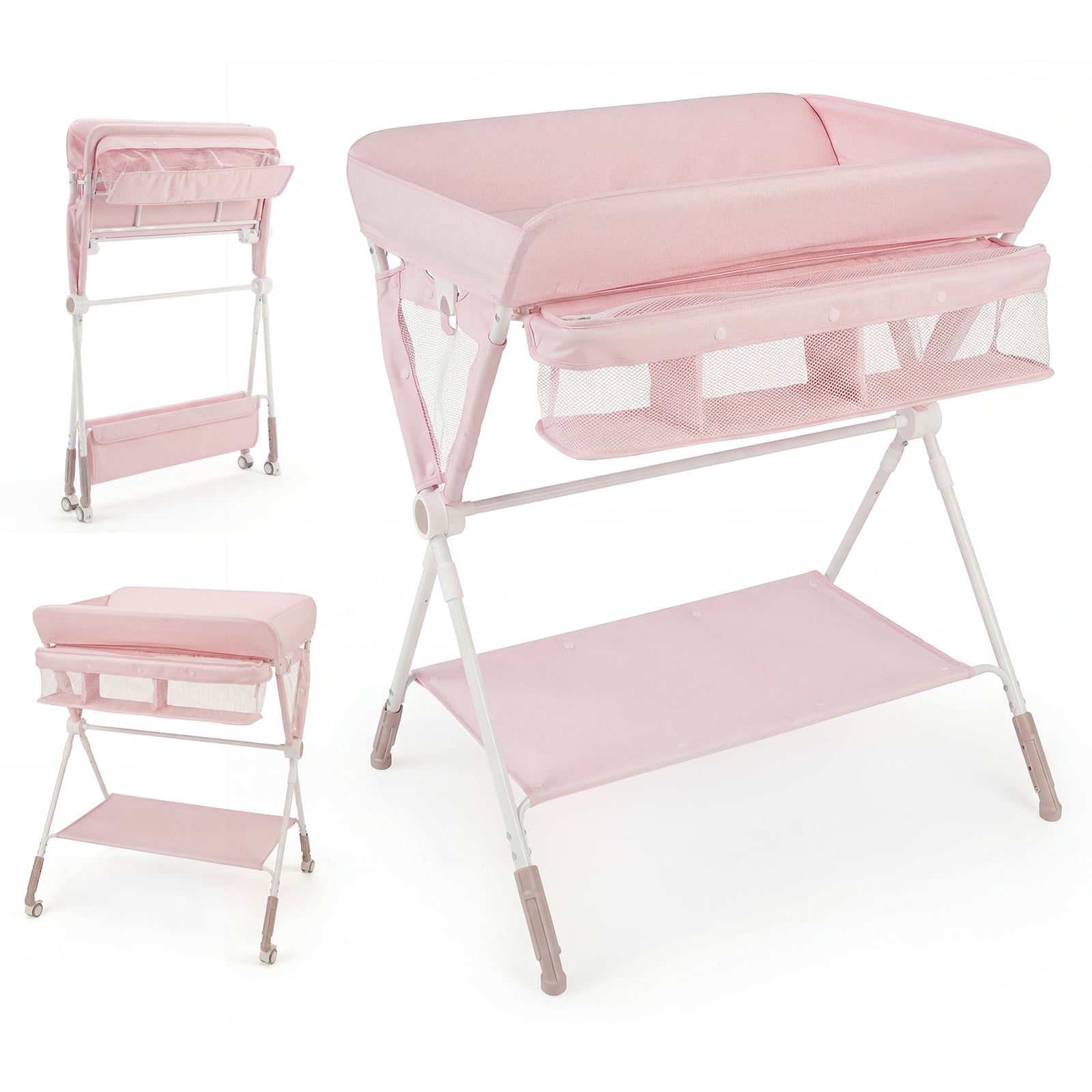 Kaasaskantav mähkimislaud, kokkupandav mähkimisala kolmes suunas reguleeritava kõrguse ja lukustatavate ratastega, roosa