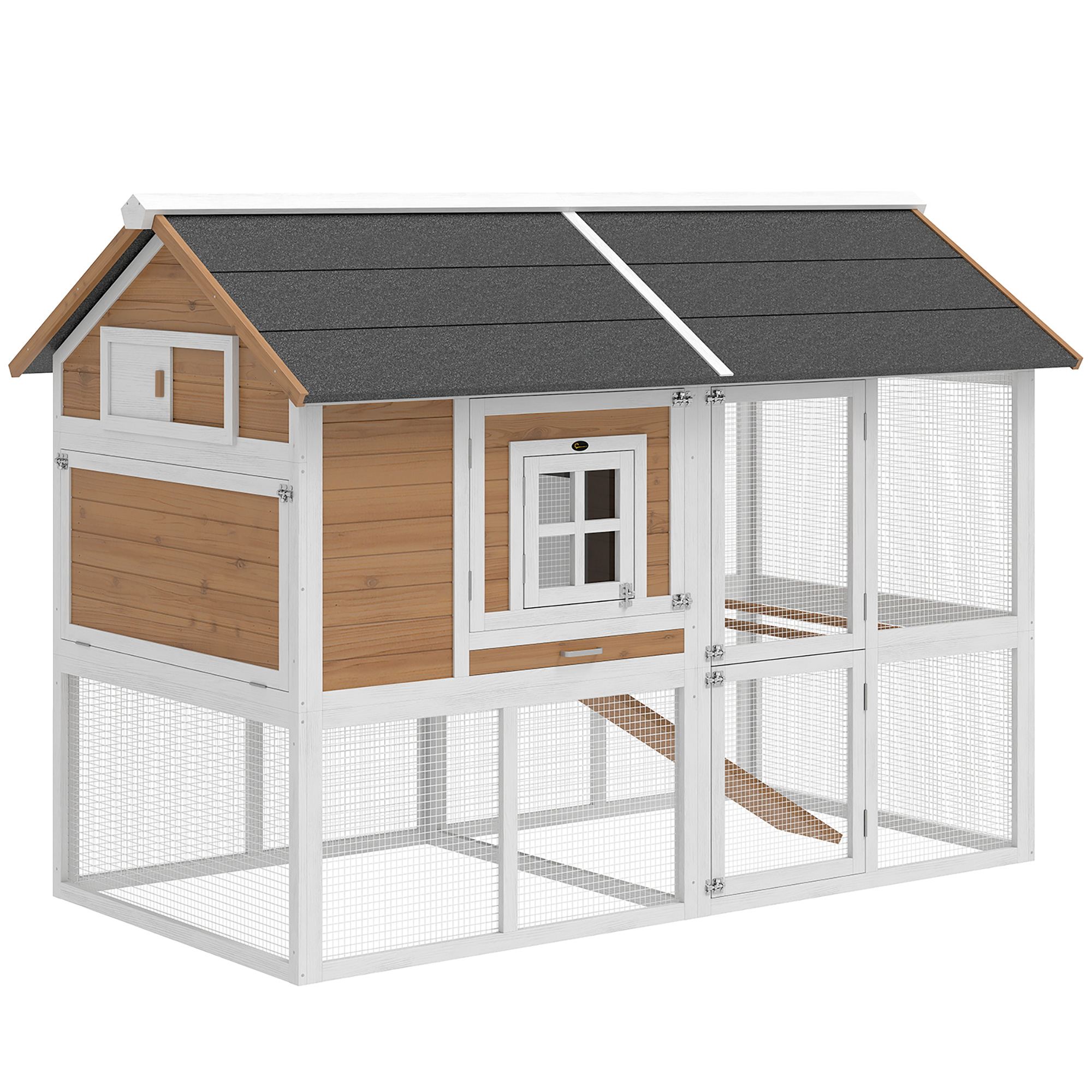 Kanakuut jooksualaga, pesakastiga, väljatõmmatava pesaga, asfaltkatusega, 4 kanale, 200x104x145cm, puit, pruun