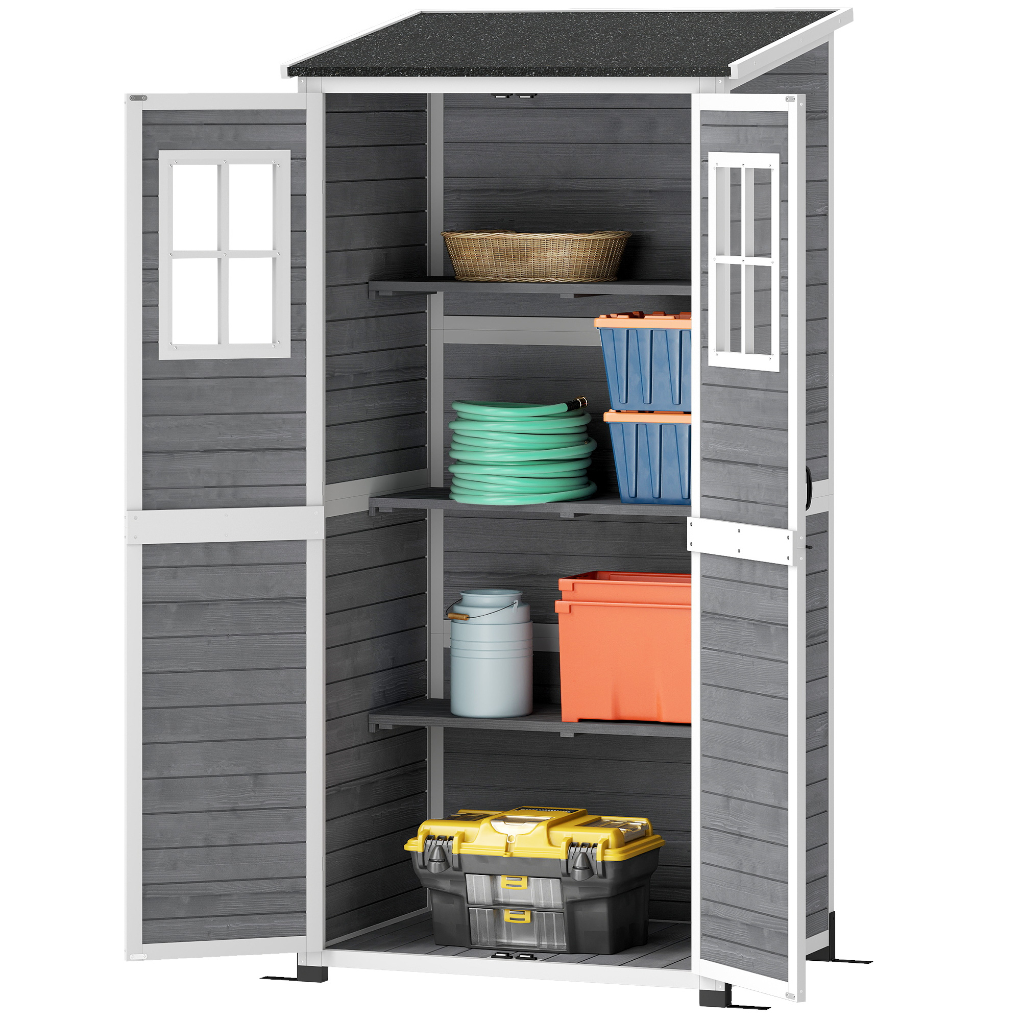 Outsunny aialadu, tööriistakuur 2 aknaga, põrandavaiad, asfaltkatus, 91 x 69 x 192 cm, kuusepuit, heleshall