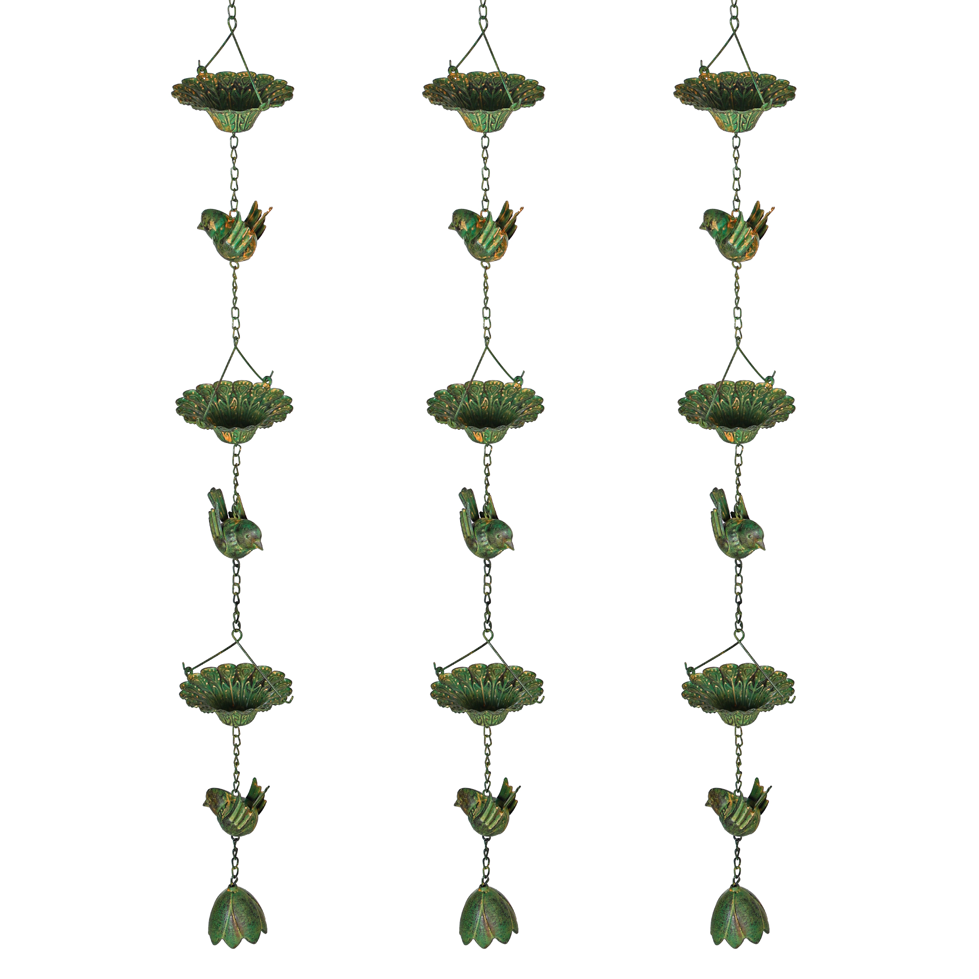 3 vihmaveerenni keti komplekt, 123 cm, metallist vihmaveerenni kett kinnitatud riputusvahendiga, linnumustriga, kellukeroheline