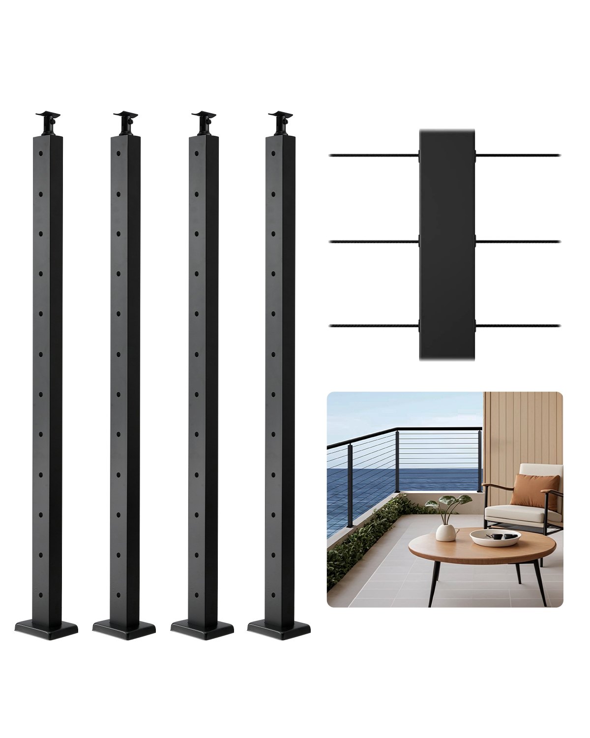 4 kaablipiirdeposti pakk, 107 x 5,1 x 5,1 cm horisontaalsete aukudega terrassipiirdepost eelpuuritud aukudega, roostevabast terasest kaablipiirdepost horisontaalse ja kumera kronsteiniga, must, 4JZLGZXHS106URZU0001V0