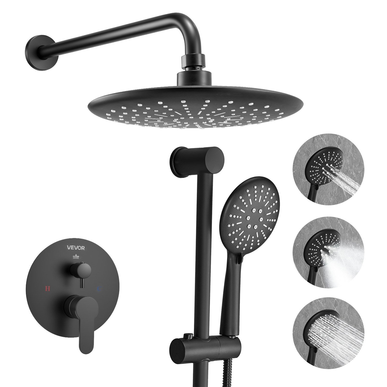Dušisegisti komplekt, vihmakindel vannitoa dušisüsteem 22,9 cm (23 cm) ümmarguse vihmadušipea ja käeshoitava pihustiga, seinale kinnitatavad vannitarvikud messingventiili ja viimistluskomplektiga, matt must