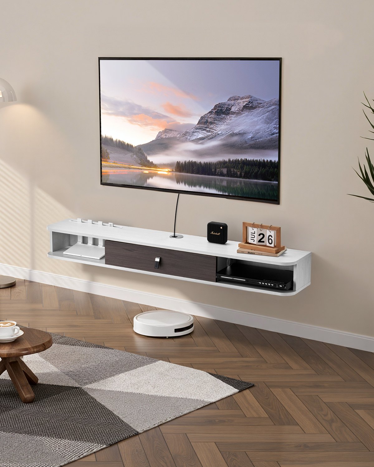 Ujuv telerialus, 140 cm seinale kinnitatav meelelahutuskeskus kaabliavaga, moodne ujuv teleririiul hoiukapiga, puitlaastplaadist konsool DVD-mängijale, kaabliboksile, mängukonsoolile, valge