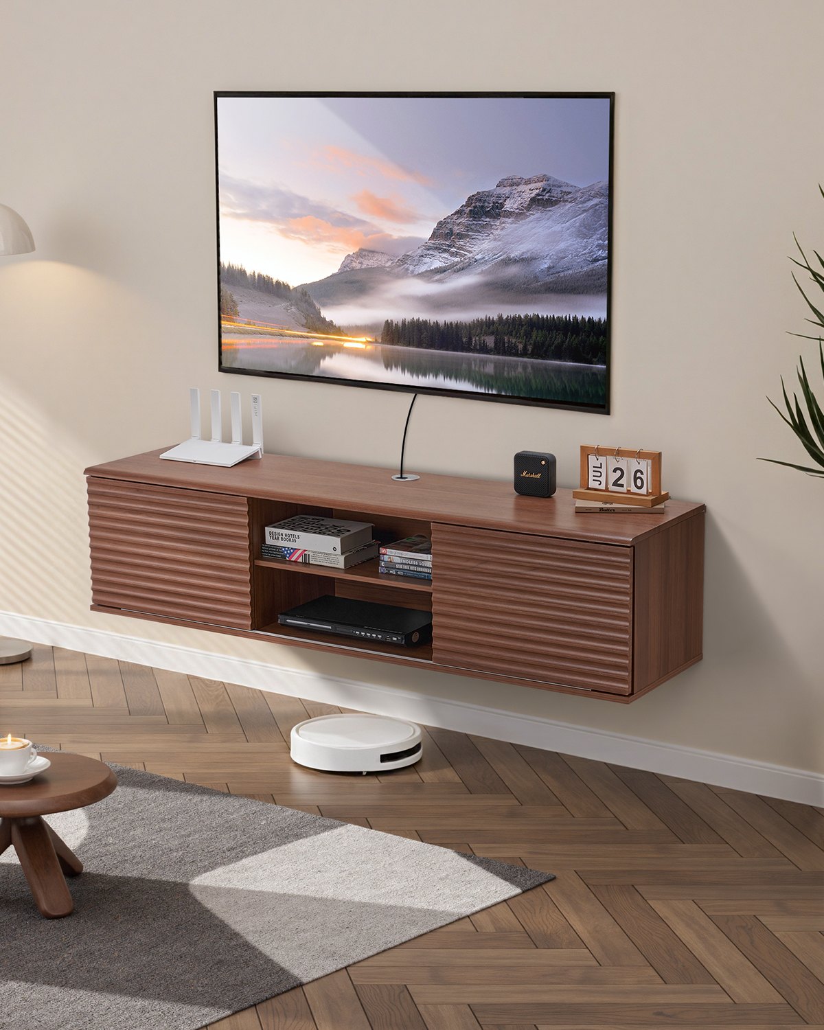 Ujuv telerialus, 152 cm seinale kinnitatav meelelahutuskeskus reguleeritava riiuli ja lükandustega, kahetasandiline ujuv teleririiul hoiukapiga DVD-mängija, kaabeltelevisiooni digiboksi ja mängukonsooli jaoks, pähklipuu