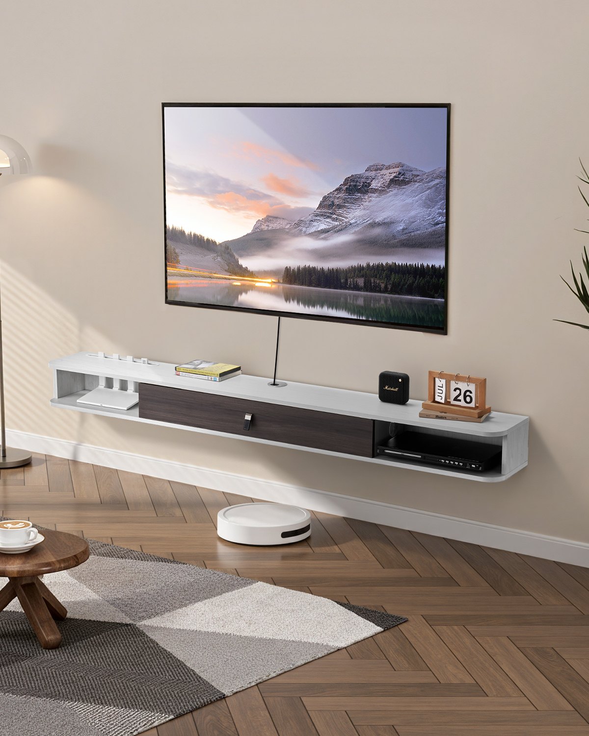 Ujuv telerialus, 178 cm seinale kinnitatav meelelahutuskeskus kaabliavaga, moodne ujuv teleririiul hoiukapiga, puitlaastplaadist konsool DVD-mängijale, kaabelboksile, mängukonsoolile, valge
