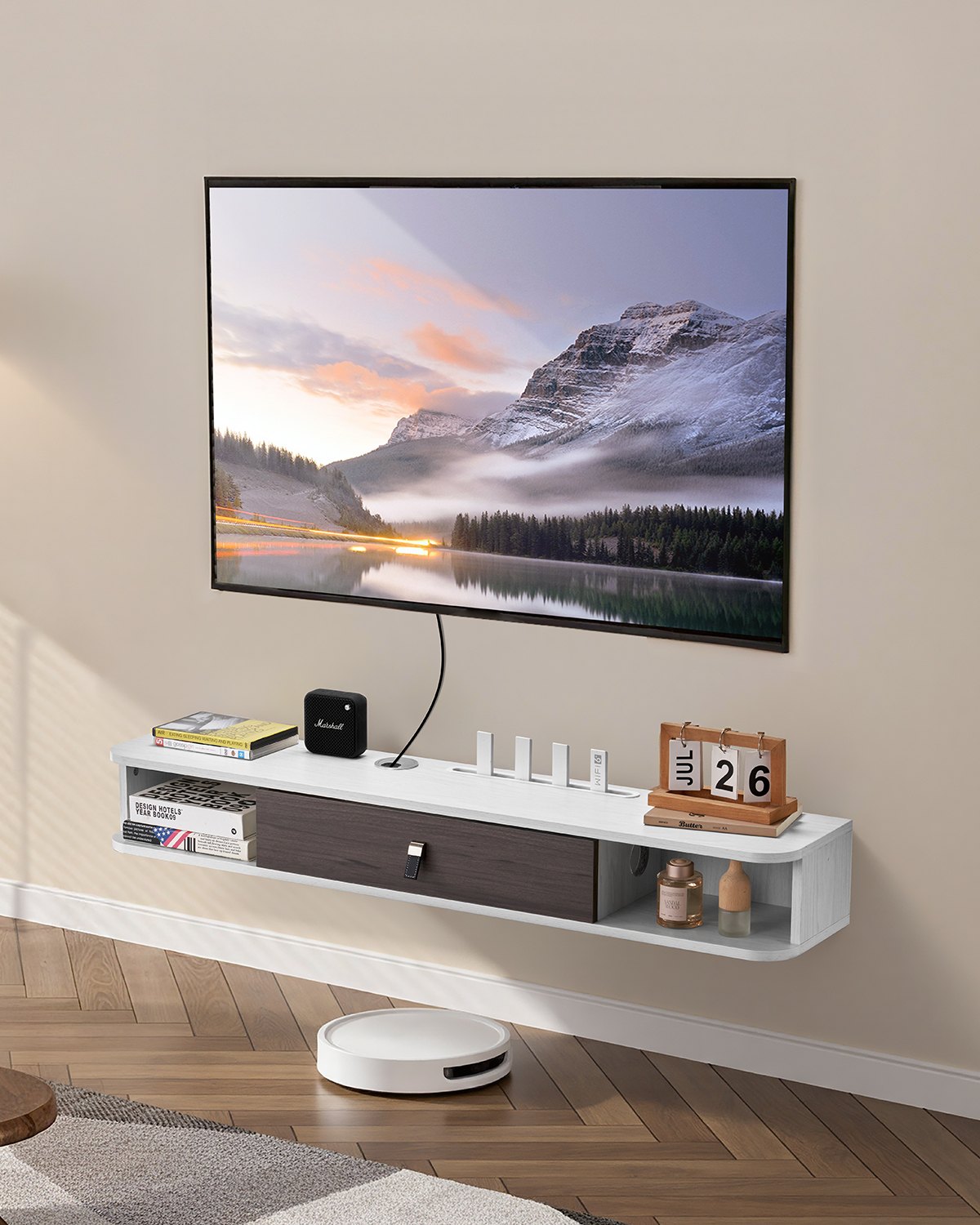 Ujuv telerialus, 119 cm seinale kinnitatav meelelahutuskeskus kaabliavaga, moodne ujuv teleririiul hoiukapiga, puitlaastplaadist konsool DVD-mängijale, kaabelboksile, mängukonsoolile, valge