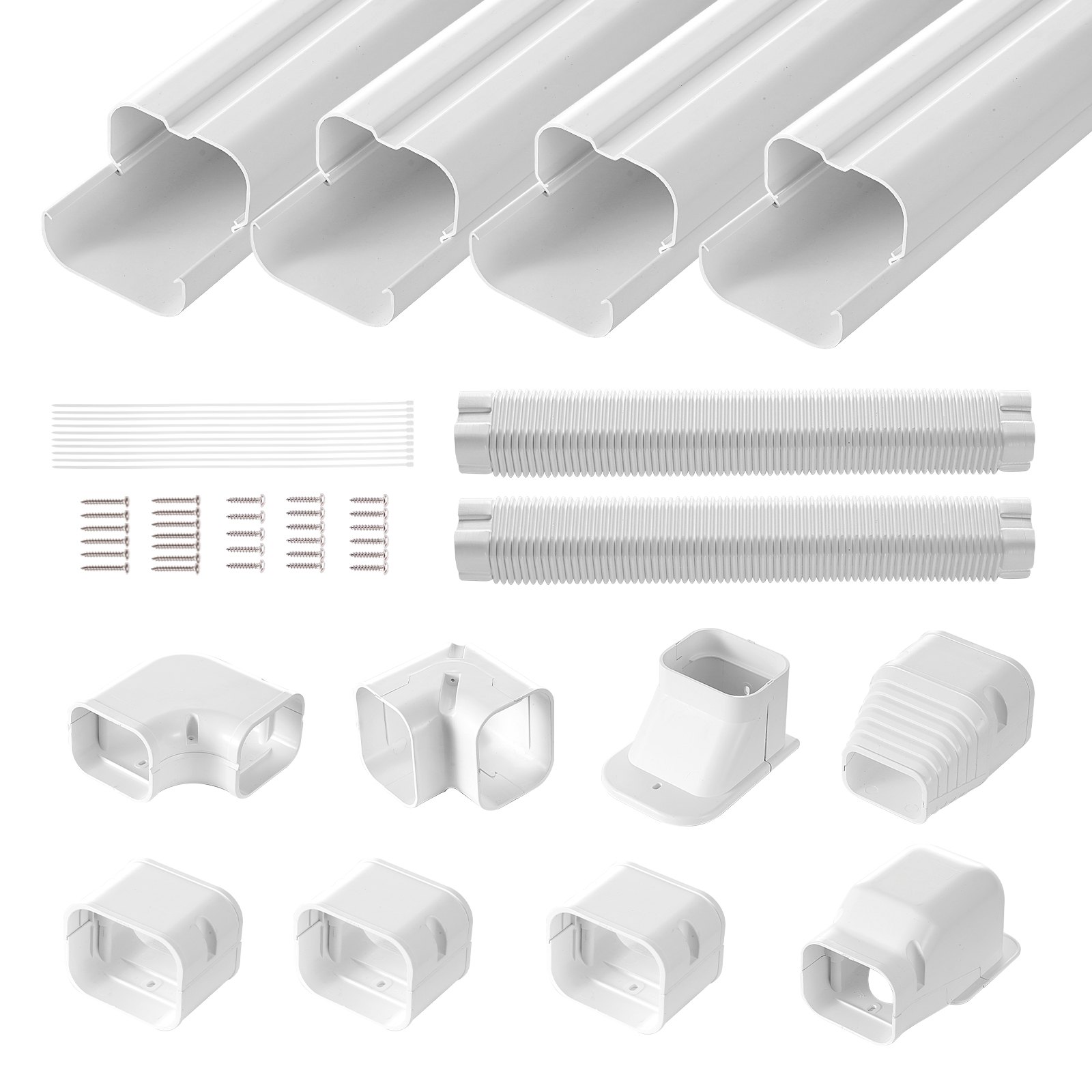 Mini Split Line komplekti kate 76,2 mm lai 5350 mm pikk, PVC dekoratiivne torujuhtme kate kliimaseadmele, 4 sirge kanali ja täiskomponentidega, lihtne paigaldada, värvitav soojuspumpade jaoks, valge
