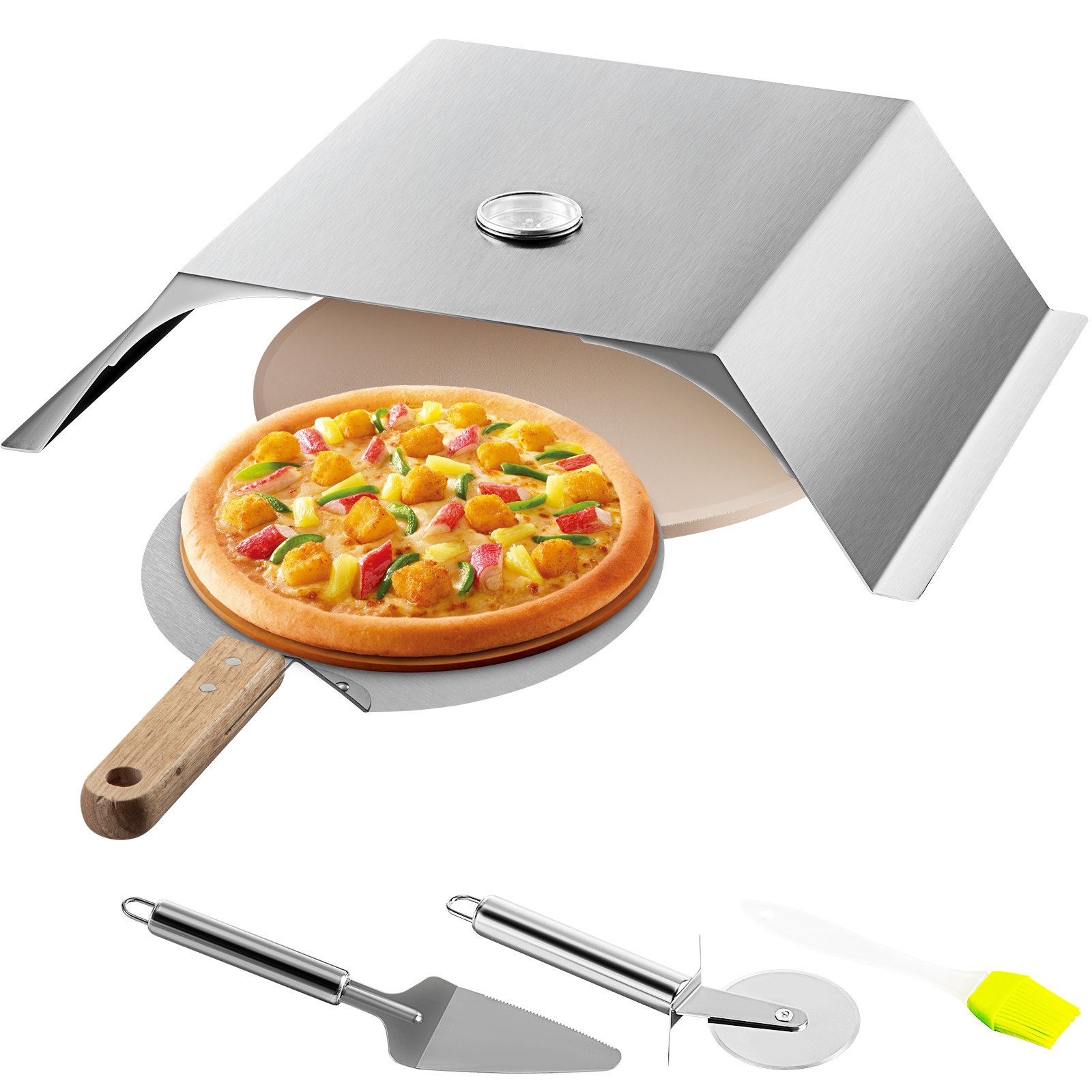 Pitsaahju komplekt, roostevabast terasest grill-pitsahi, pitsavalmistaja komplekt enamiku 55,9 cm süegrillide jaoks, grill-pitsaahju komplekt, sh pitsakamber, 33 cm ümmargune pitsakivi, 10 x 30 cm pitsakoor