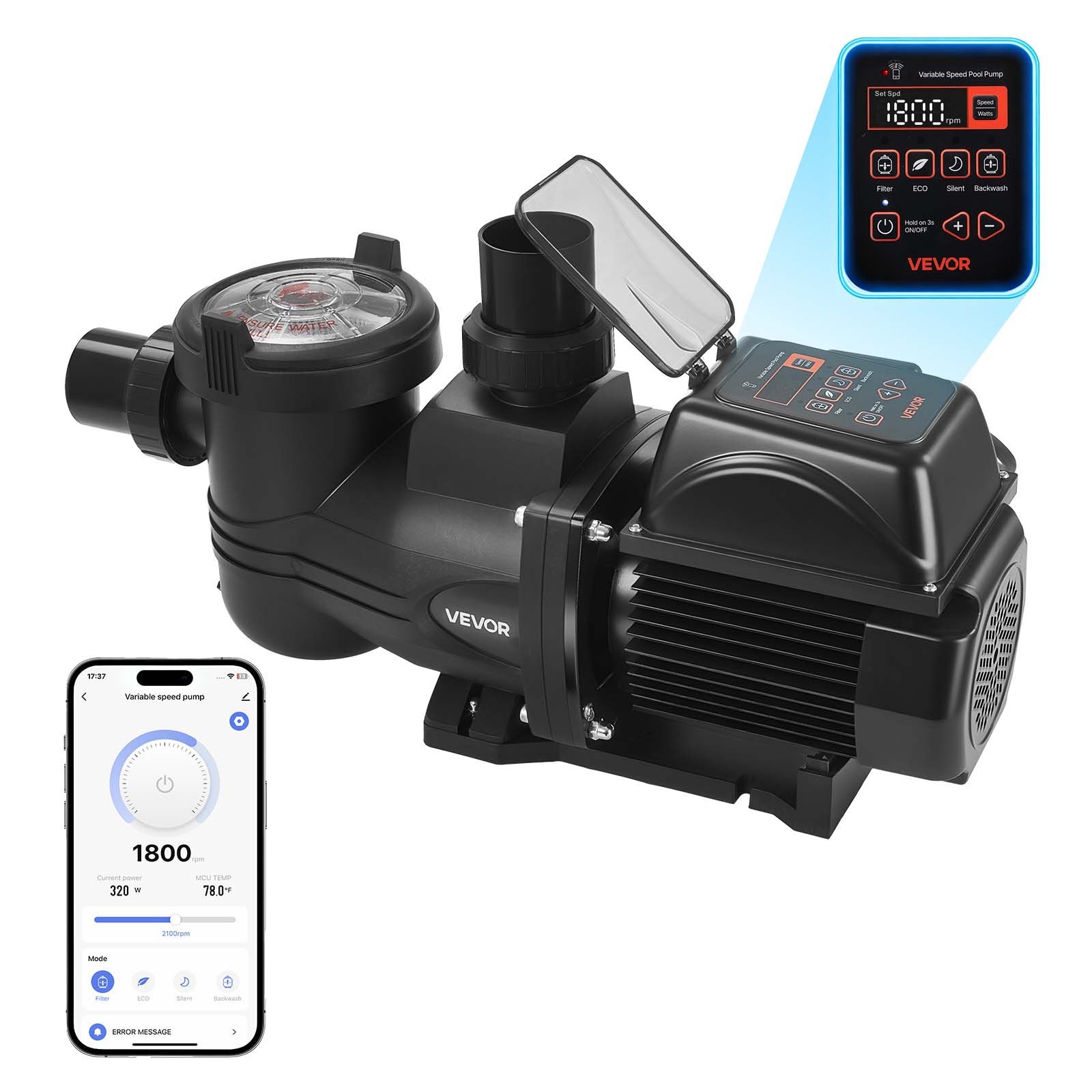 Muutuva kiirusega basseinipump 1650 W AC 220–240 V 33 000 l/h basseini sisse-/peale paigaldatav pump filtrikorviga