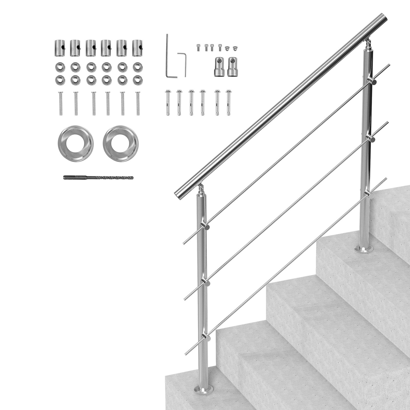 Käsipuud välistingimustes kasutatavatele treppidele 120 cm pikkused 3 risttalaga trepikäsipuu komplekt roostevabast