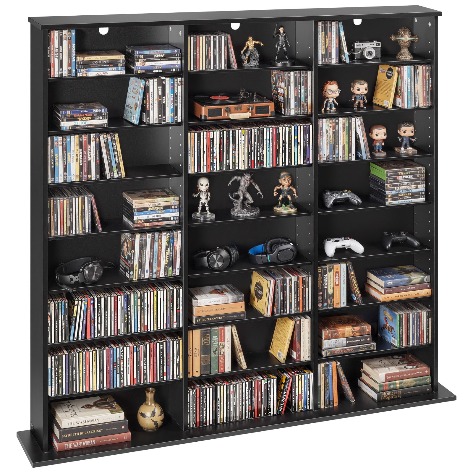 Meediumikapp, 8-tasandiline DVD-riiuliga korraldaja, 142 x 22 x 130 cm multimeedia hoiustamise korraldaja CD-dele, DVD-dele, raamatutele ja mängudele, CD-riiul elutuppa, kodukontorisse, salvestusruumi, must