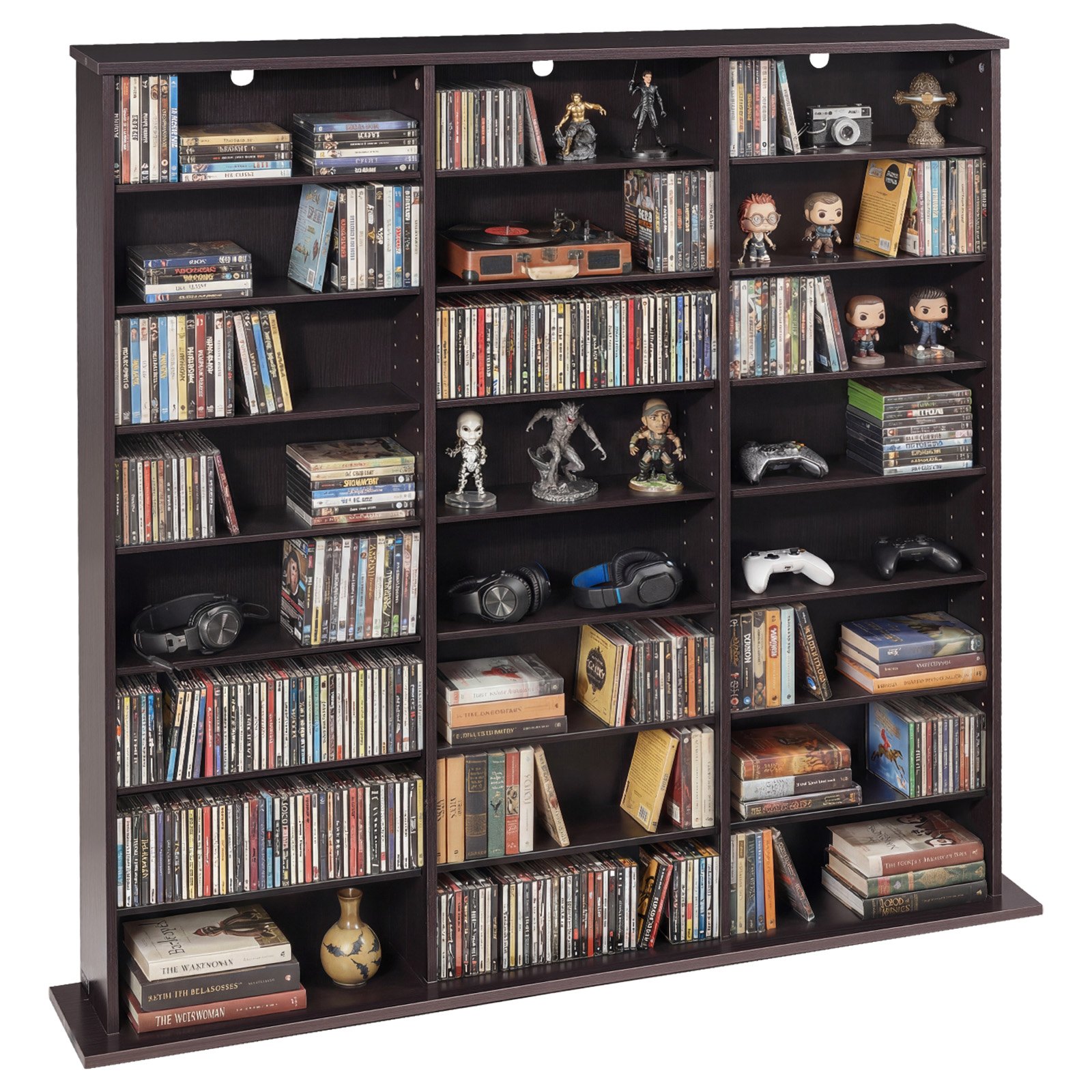 Meediumikapp, 8-tasandiline DVD-riiuliga korraldaja, 142 x 22 x 130 cm multimeedia hoiustamise korraldaja CD-dele, DVD-dele, raamatutele ja mängudele, CD-riiul elutuppa, kodukontorisse, salvestusruumi, pruun