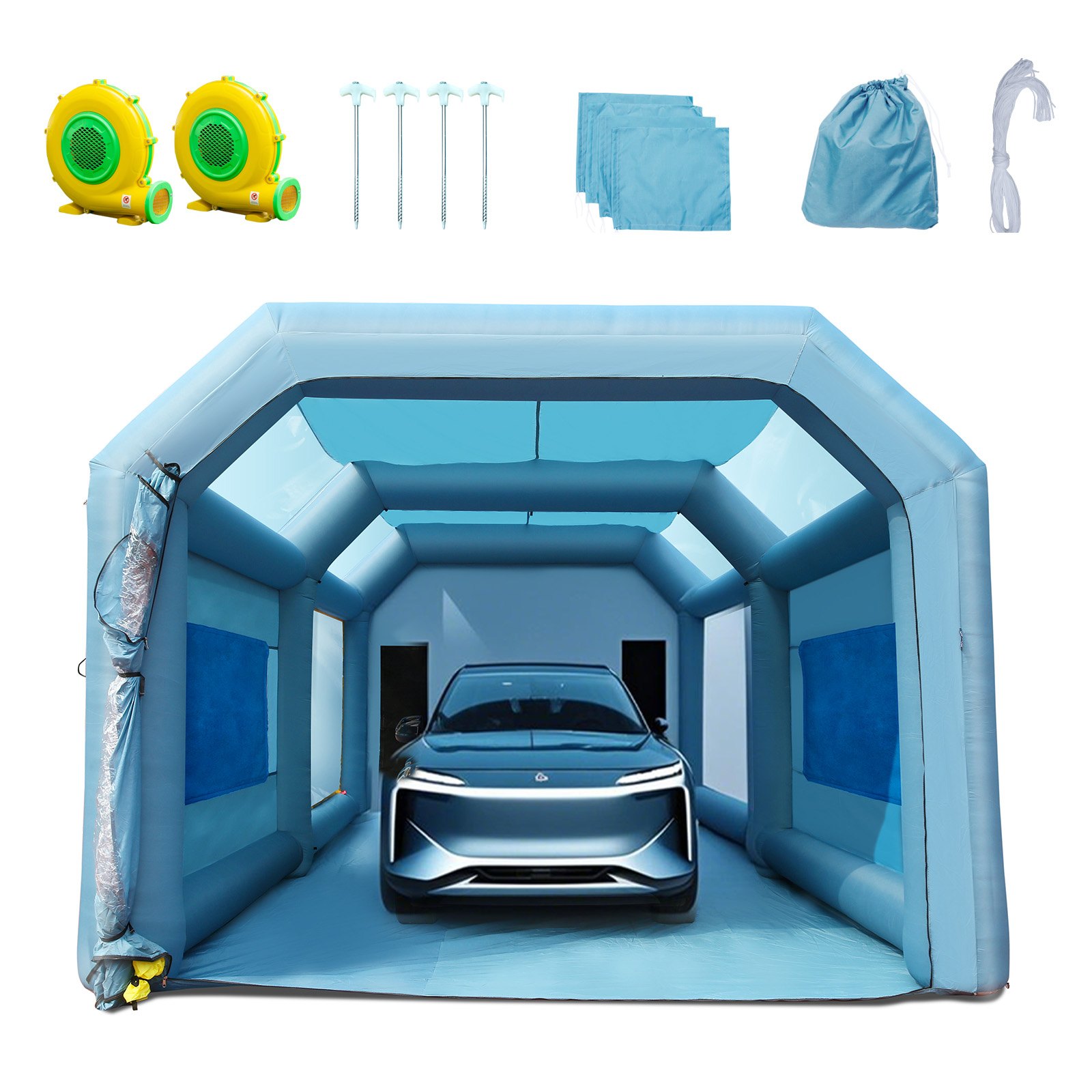 Täispuhutav värvimiskabiin auto värvimiseks telk 792 cm x 457 cm x 335 cm filtrisüsteem 2 puhurit