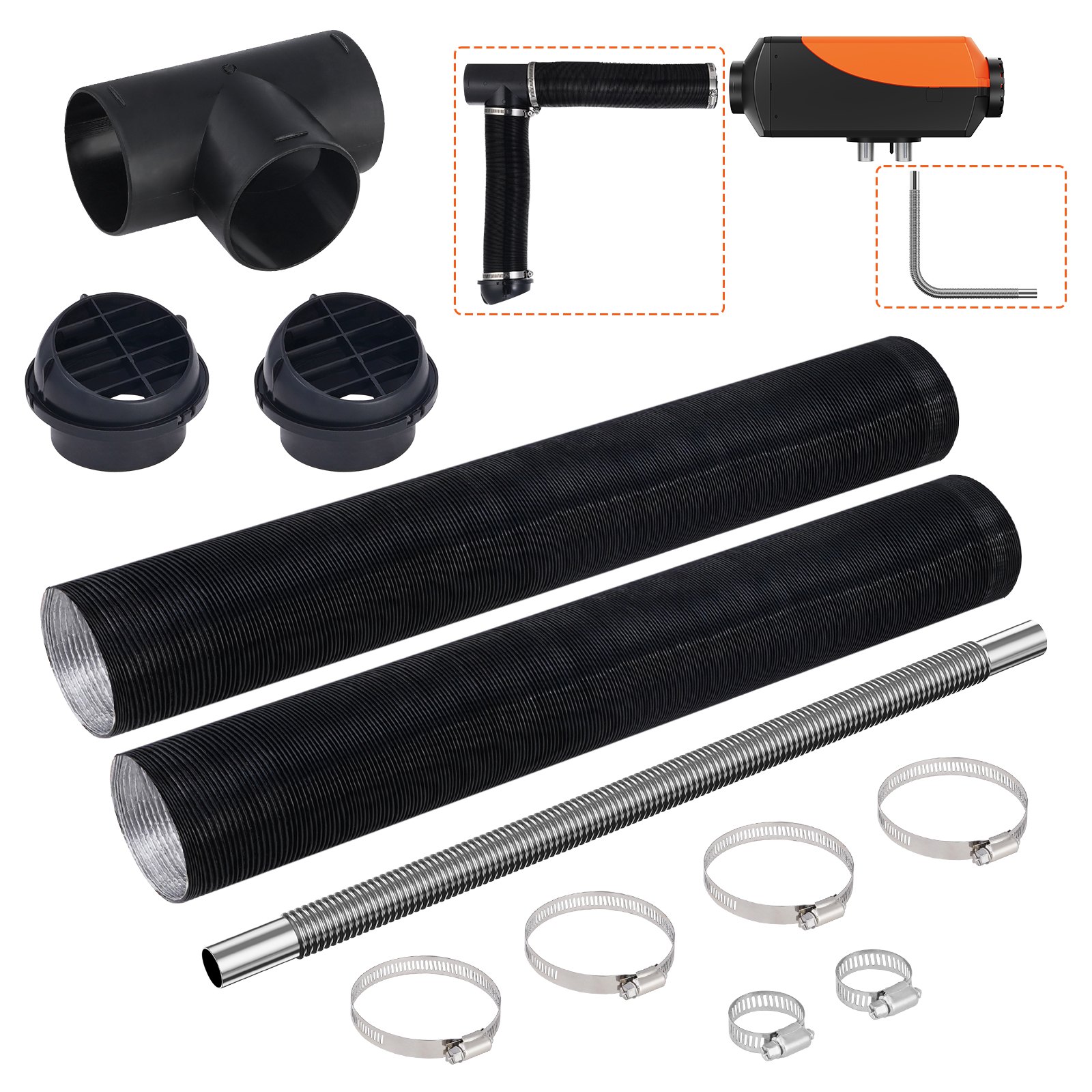 Diiselkütteseadme torustiku- ja kanalikomplekt, 76 mm pikendatav õhukanali voolik