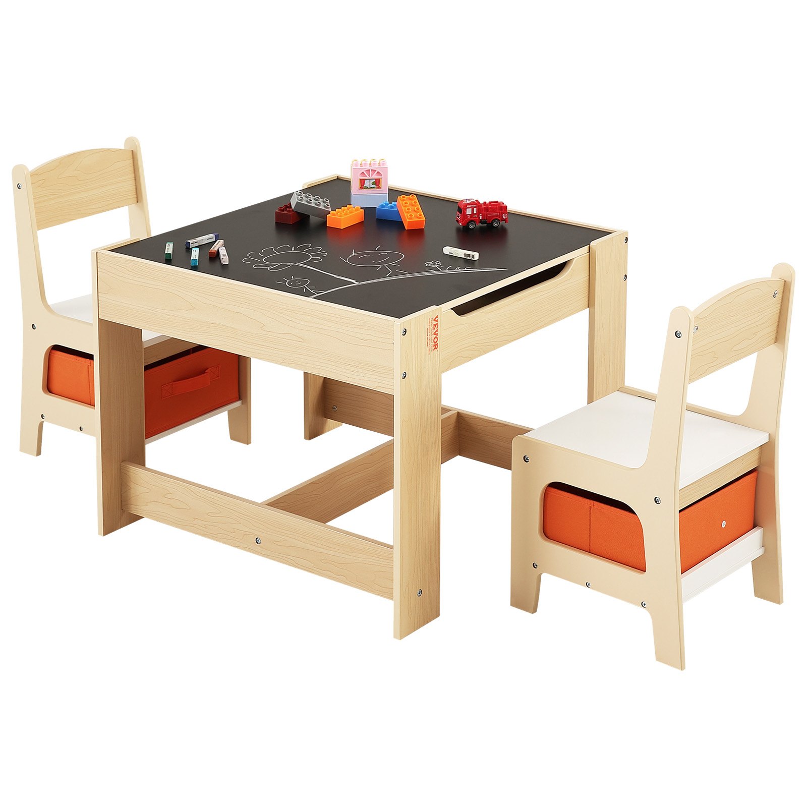 Laste laua ja 2 tooli komplekt, väikelapse laua ja tooli komplekt panipaigaga laua all, riidest hoiukast toolide all, puidust laud kunsti, meisterdamise, lugemise, õppimise, joonistamise jaoks, Burlywood