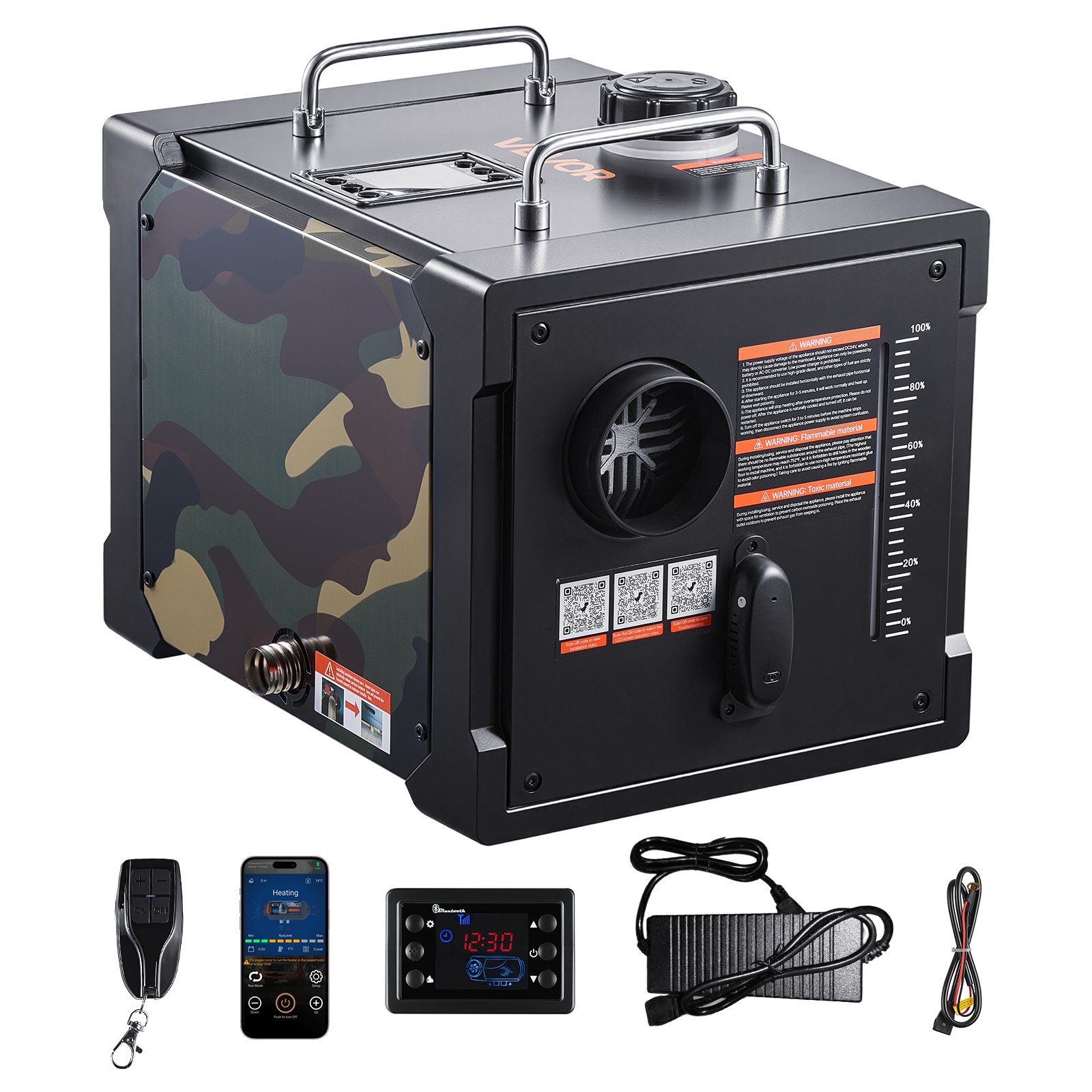 Diiselkütteseade 5–8 kW DC 12 V/24 V kaasaskantav diiselkütteseade Bluetoothi rakenduse juhtimise kaugjuhtimispuldi ja