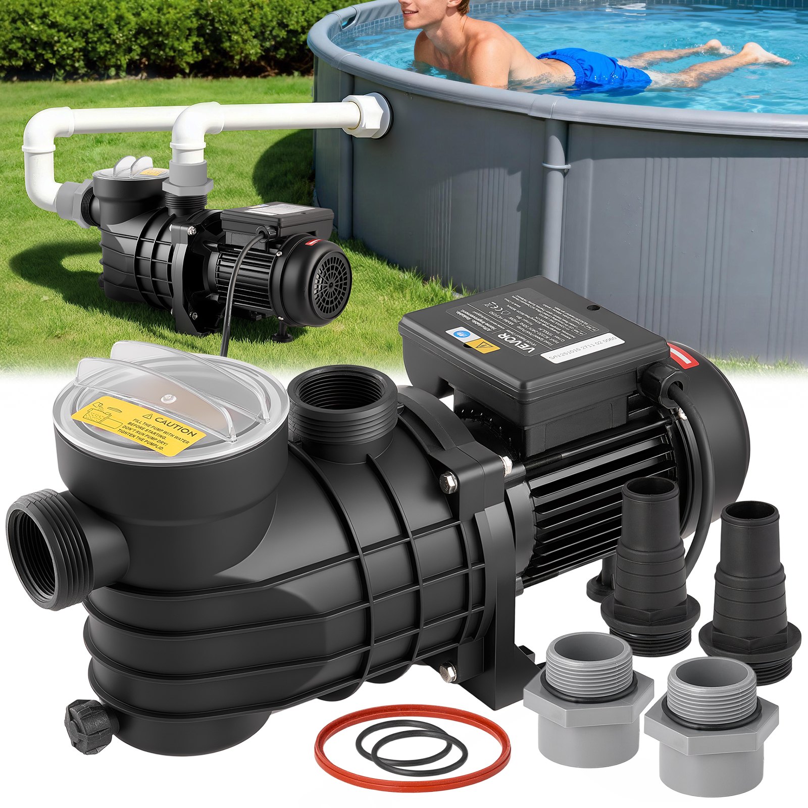 Maapealne basseinipump, 250 W, maksimaalne vooluhulk 11 700 l/h, ühekiiruseline basseinipump, AC 220–240 V, 2850 p/min, maksimaalne tõstekõrgus 8 m, filtrikorvi ja kaanega, maapealsete basseinide, mullivannide ja spaade jaoks