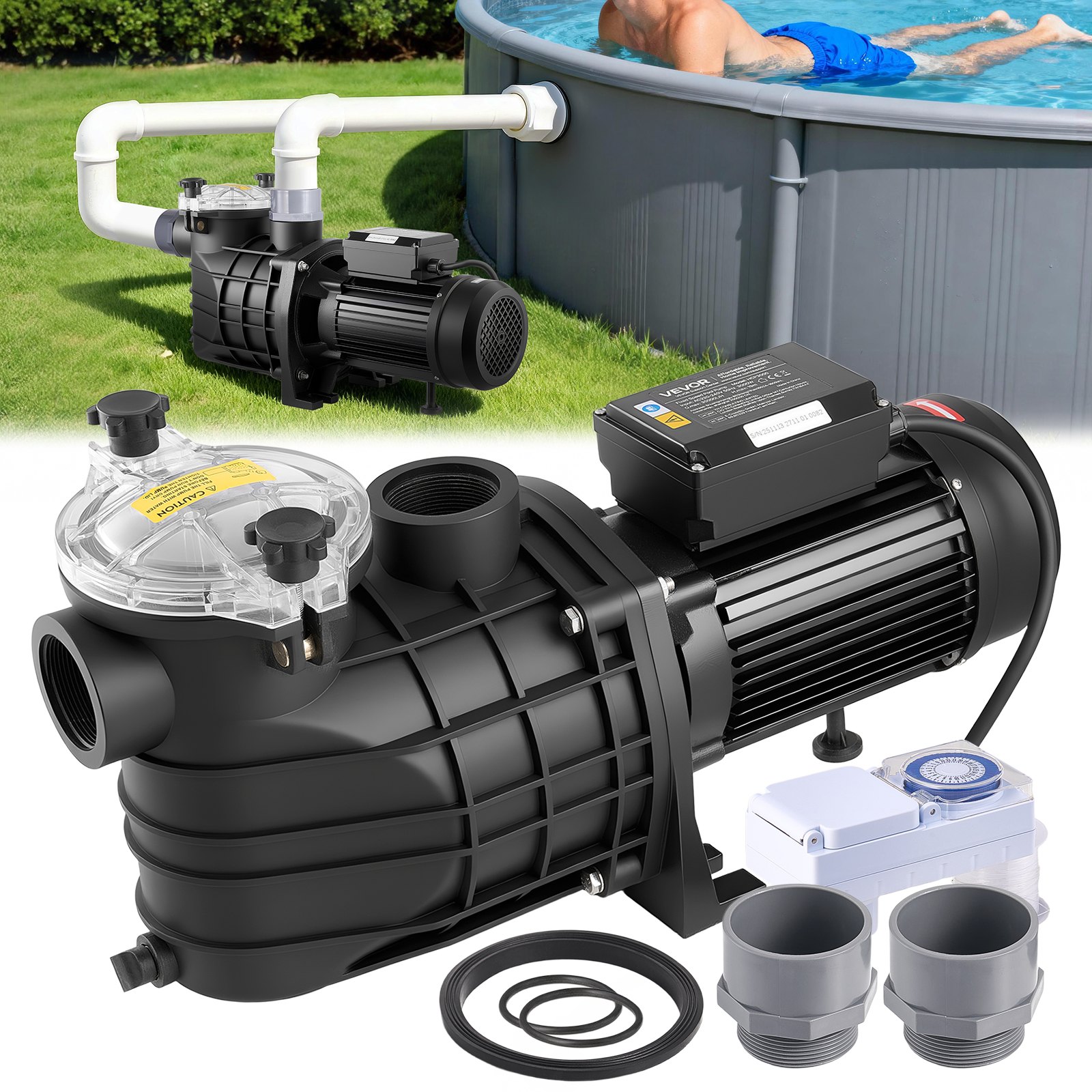 Basseinipump, 3000 W, maksimaalne vooluhulk 35 000 l/h, ühekiiruseline basseinipump, AC 220–240 V, 2860 p/min, maksimaalne tõstekõrgus 19 m, 24-tunnise taimeri ja filtrikorviga, maapealsete ja maa-aluste basseinide, mullivannide ja spaade jaoks