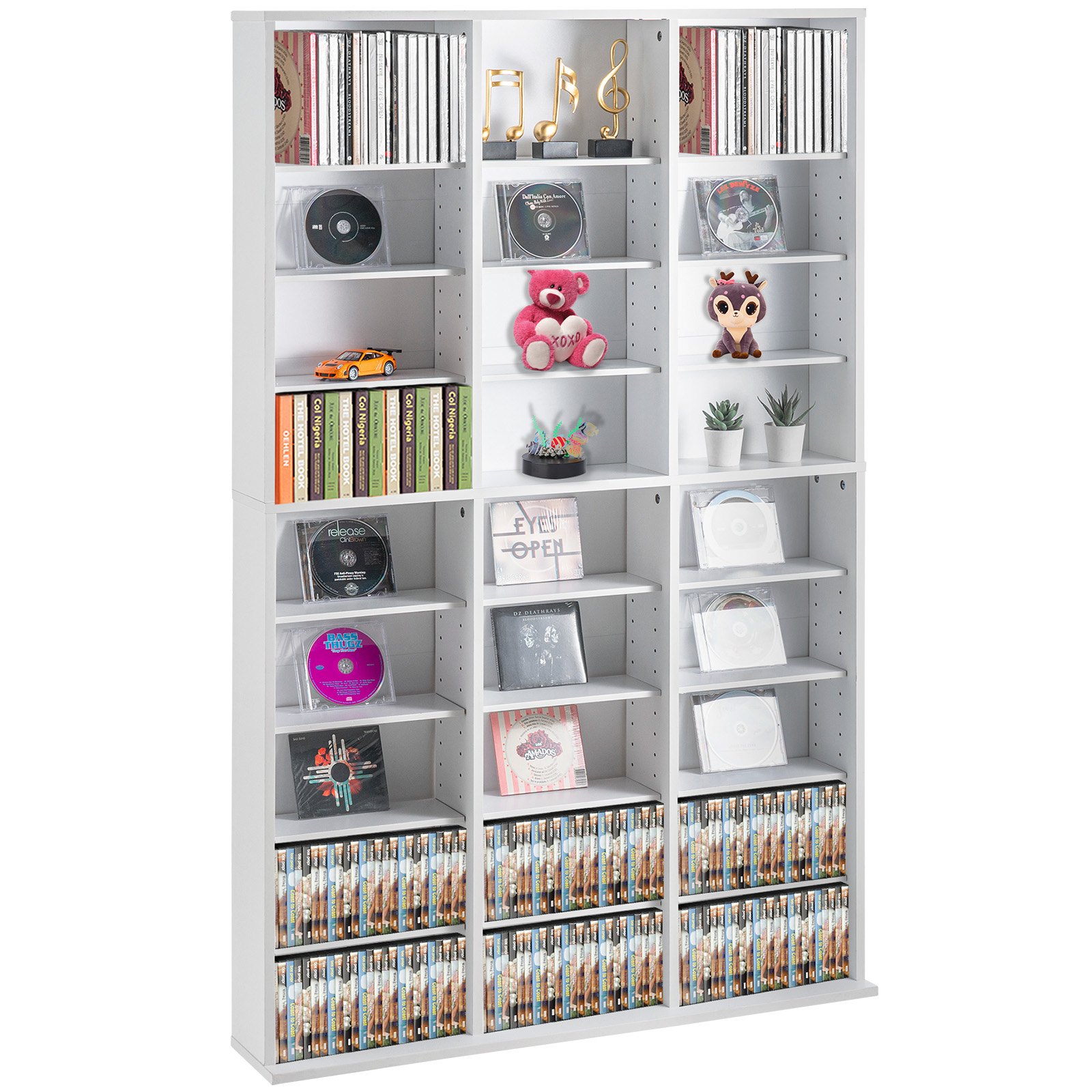 Meediumikapp, 9-kihiline DVD-riiul mahutab kuni 756 CD-d, reguleeritavad CD-riiulid 27 sektsiooniga, kaitseb ja korraldab muusika-, filmi-, videomängude või mälestusesemete kollektsioone, valge