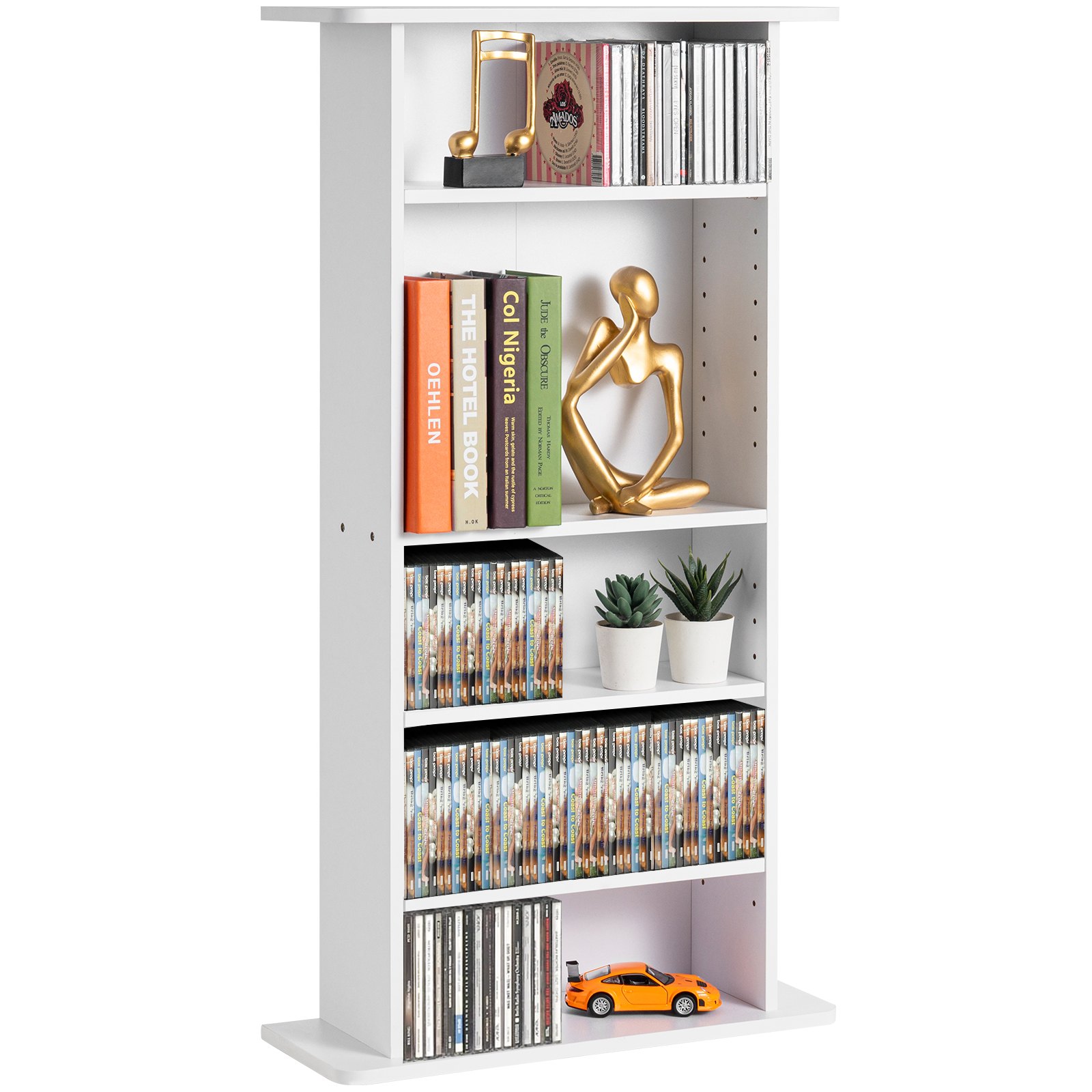 Meediumikapp, 5-kihiline DVD-riiul mahutab kuni 240 CD-d, reguleeritavad CD-riiulid, kaitseb ja korraldab muusika-, filmi-, videomängude või mälestusesemete kollektsioone, valge