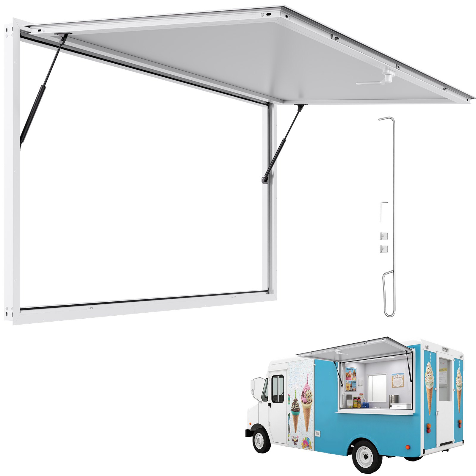 Kontsessiooniaken 188x102 cm alumiiniumisulamist raamiga teenindusaken toidukärule kuni 85 kraadi avatav stendi