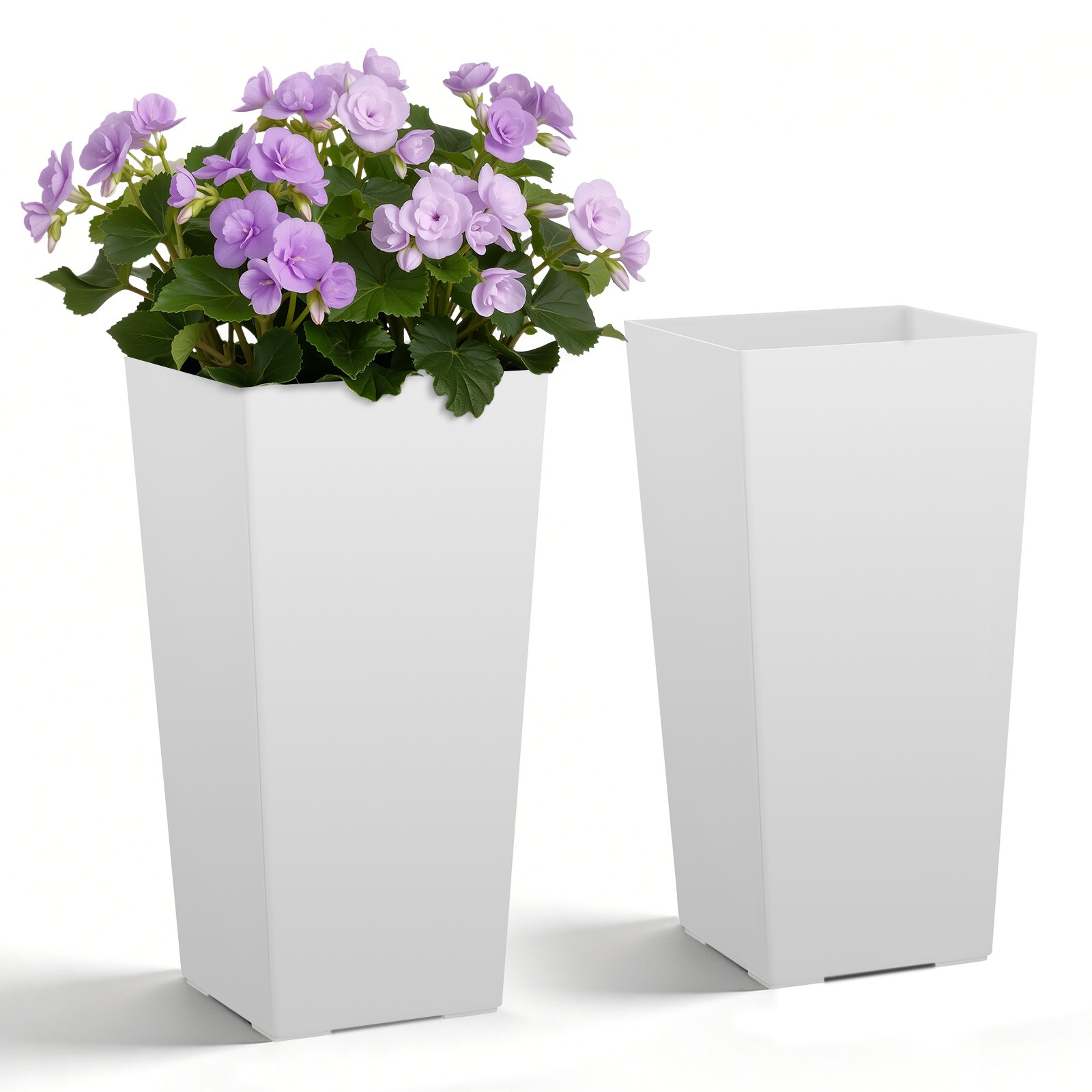 Kõrgete lillepottide komplekt, 2 tk, 550 mm suured koonilised lillepotid õue, toataimedele, esisele verandale, plastmassist modernsed lillepotid ratastega, sisemine pott ja drenaažiavad terrassile, aeda, valge