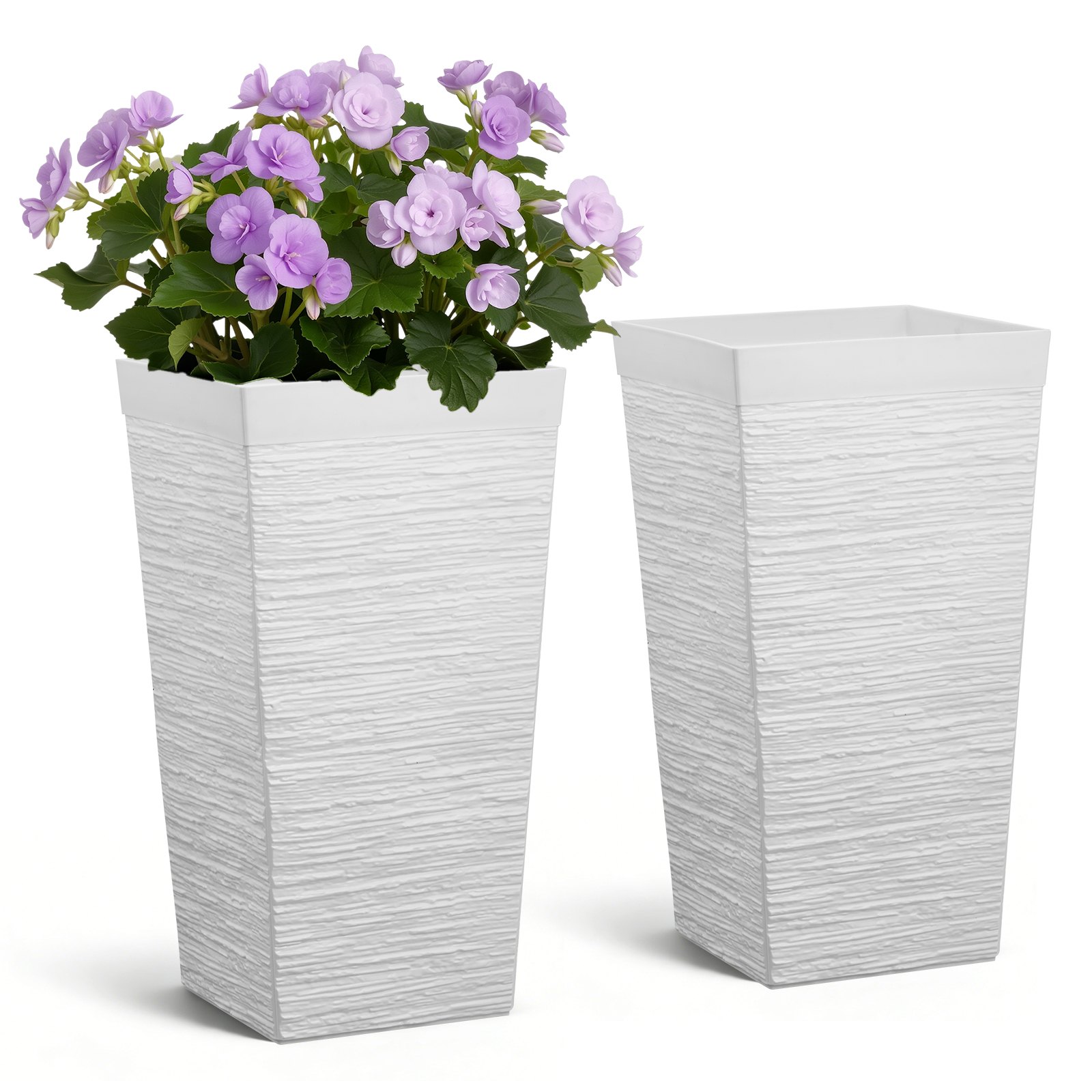 Kõrgete lillepottide komplekt, 2 tk, 580 mm suured koonilised lillepotid õue, toataimedele, esisele verandale, plastmassist modernsed lillepotid ratastega, sisemine pott ja drenaažiavad terrassile, aeda, valge
