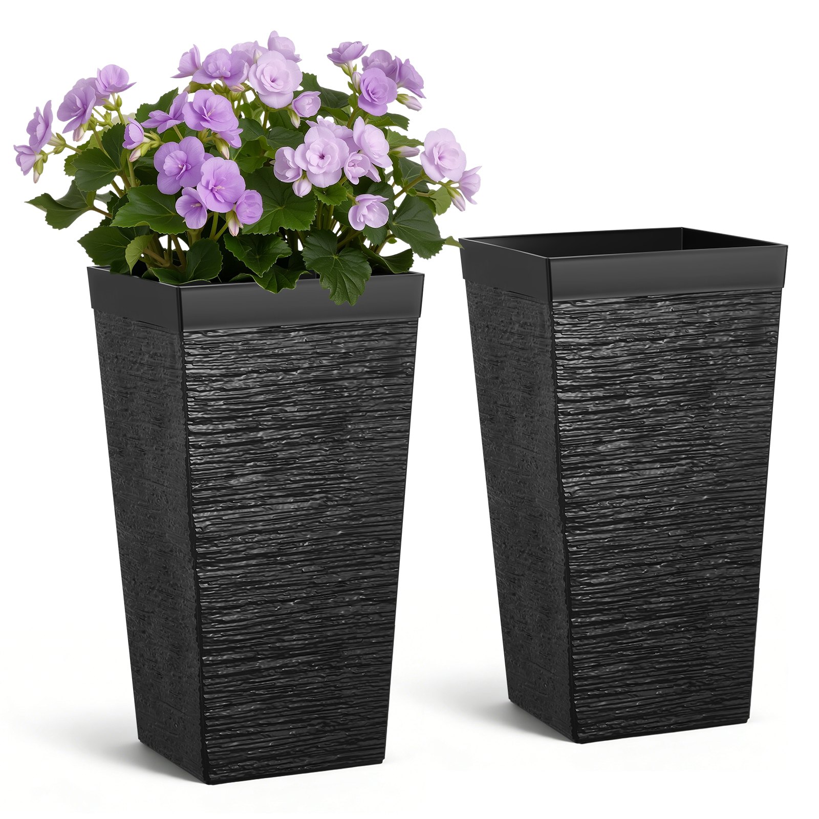 Kõrgete lillepottide komplekt, 2 tk, 580 mm suured koonilised lillepotid õue, toataimedele, esisele verandale, plastmassist modernsed lillepotid ratastega, sisemine pott ja drenaažiavad terrassile, aeda, mustad