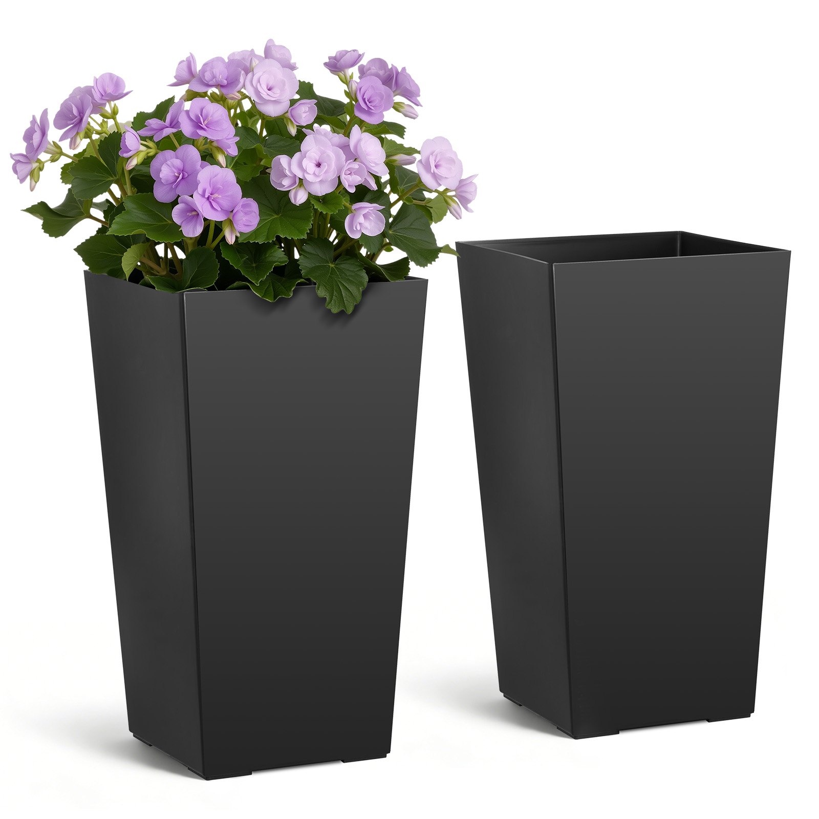 Kõrgete lillepottide komplekt, 2 tk, 550 mm suured koonilised lillepotid õue, toataimedele, esisele verandale, plastmassist modernsed lillepotid ratastega, sisemine pott ja drenaažiavad terrassile, aeda, mustad