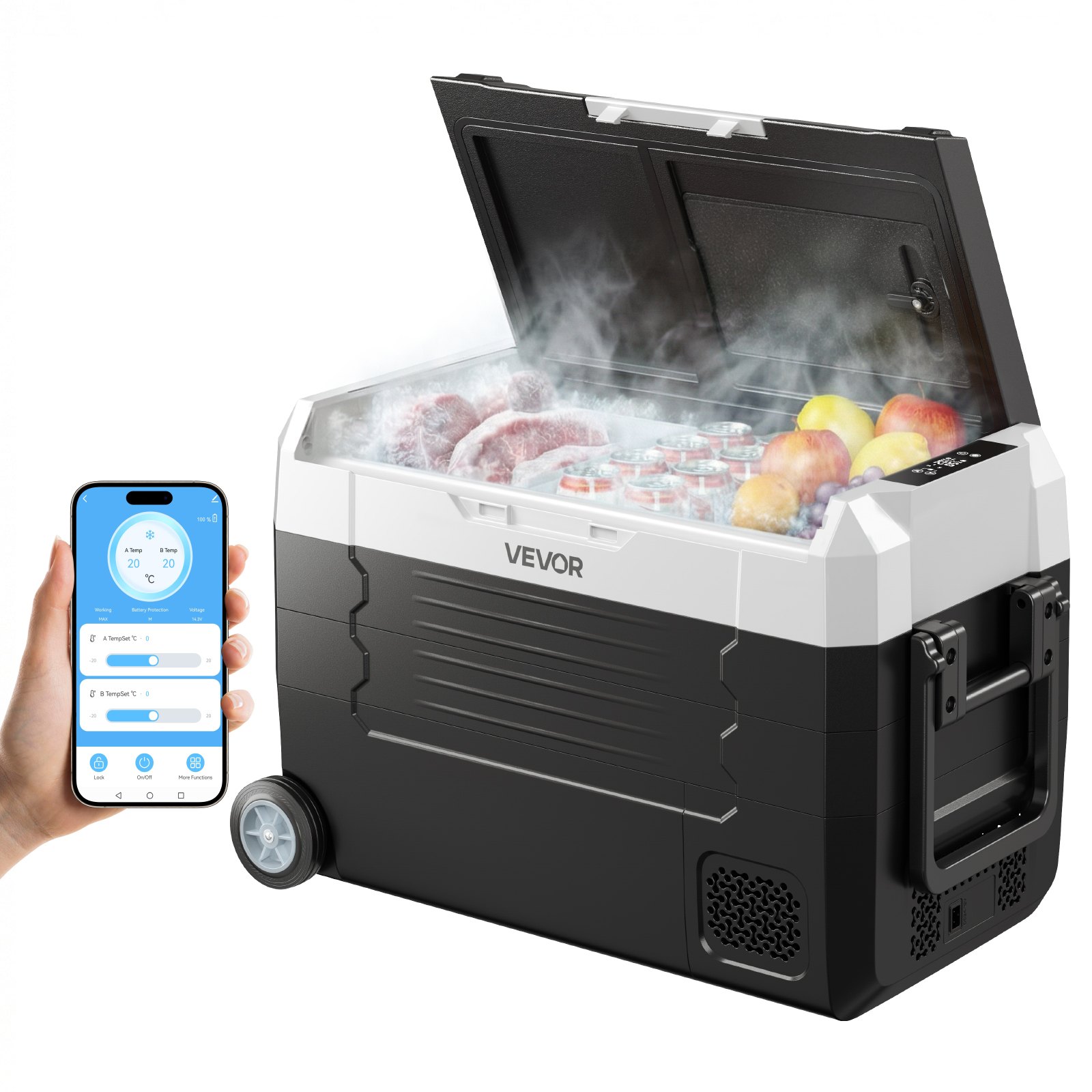 Autokülmik, DC 12/24V AC 100-240V kompressoriga elektriline jahuti, -20°C kuni 20°C veoautokülmik rakenduse juhtimisega, ratastele ja kahetsooniline, 35L autojahuti haagissuvilatele, paatidele, telkimisele, kalapüügile