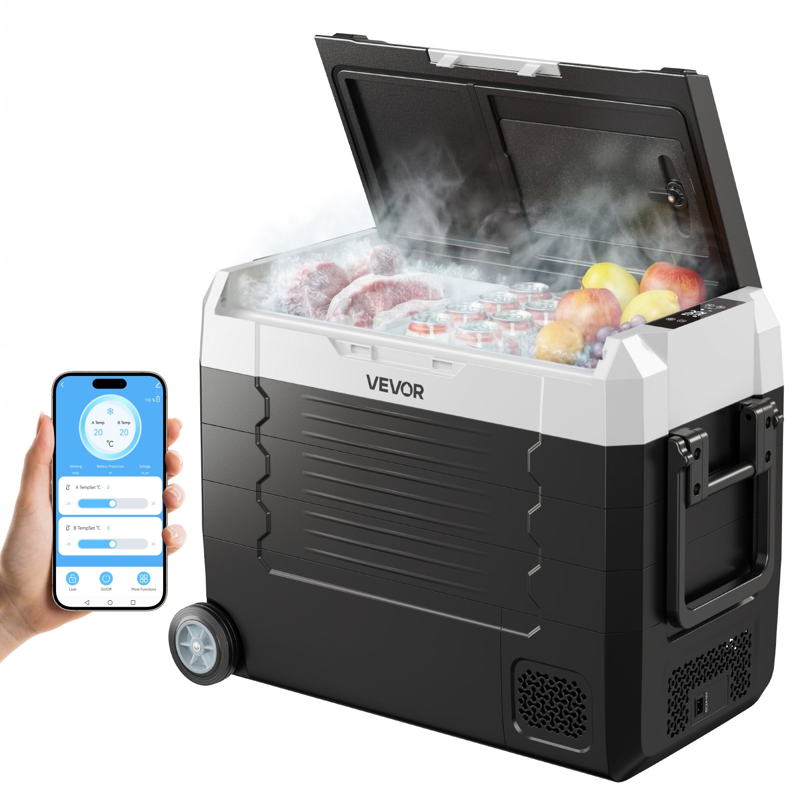 Autokülmik, DC 12/24V AC 100-240V kompressoriga elektriline jahutuskast, -20°C kuni 20°C veoautokülmik rakenduse juhtimisega, ratastele ja kahe tsooniga, 45L autojahuti haagissuvilatele, paatidele, telkimisele, kalapüügile