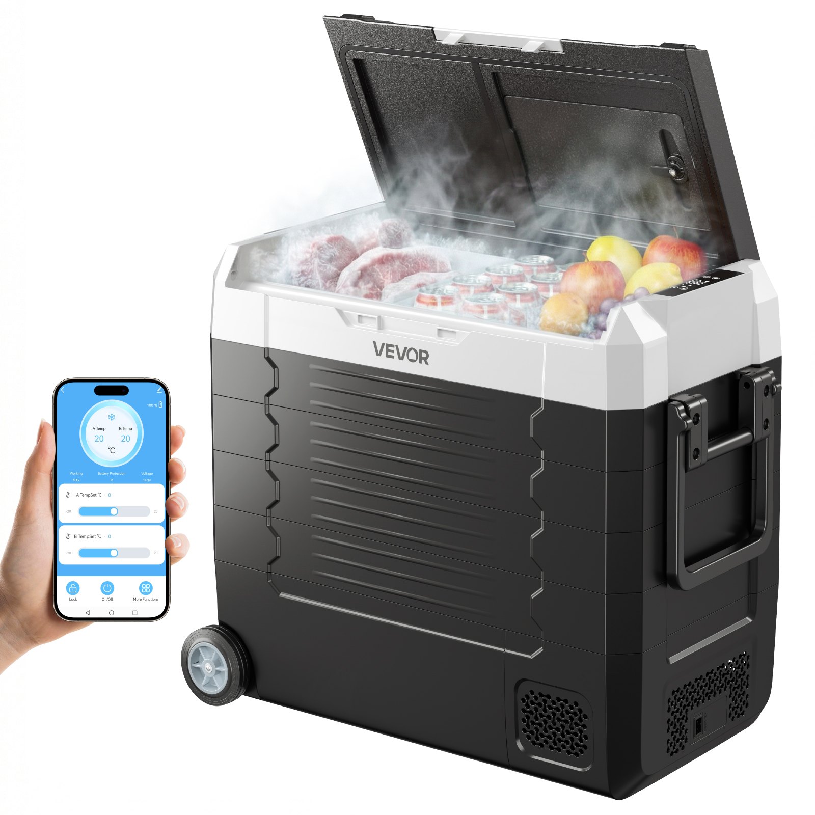 Autokülmik, DC 12/24V AC 100-240V kompressoriga elektriline jahuti, -20°C kuni 20°C veoautokülmik rakenduse juhtimisega, ratastele ja kahetsooniline, 55L autojahuti haagissuvilatele, paatidele, telkimisele, kalapüügile