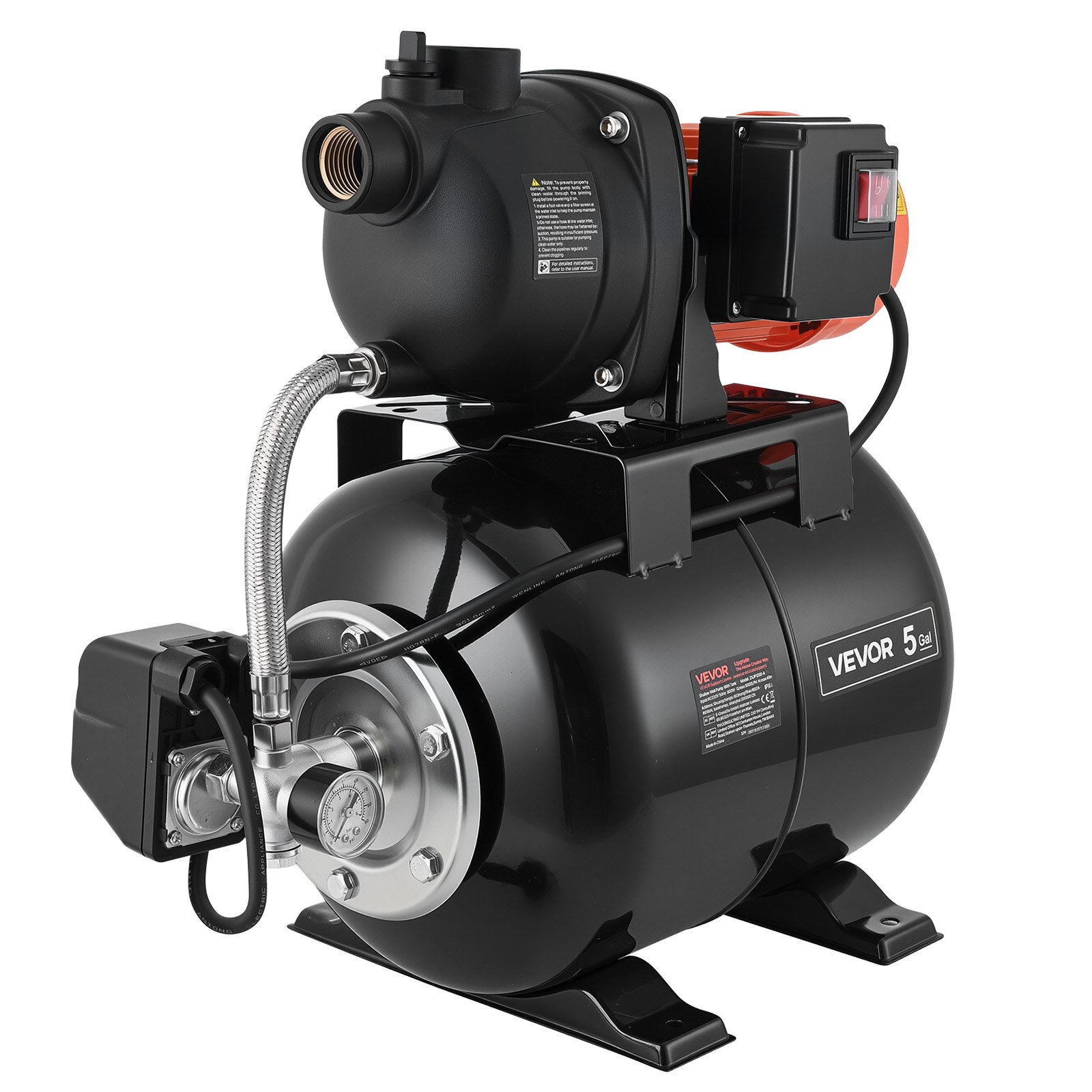 1.1 HP madalkaevupump survepaagiga, 230V 5000 l/h, plastmassist niisutusjoapump 19-liitrise paagiga, automaatne veevõimendussüsteem, 1.4-2.8 bar rõhulüliti, koduaeda ja muruniidukile