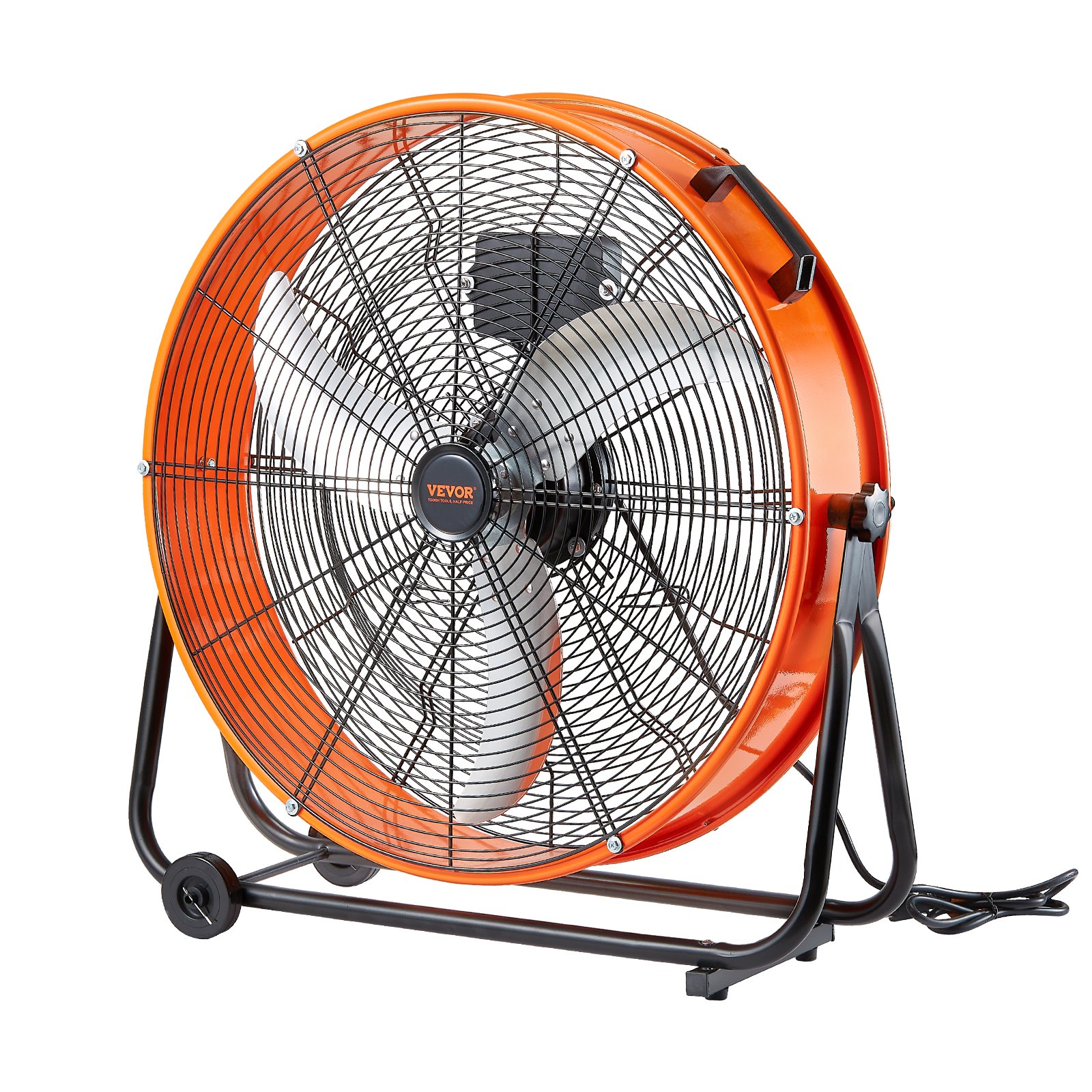 Trummelventilaator, 61 cm suure kiirusega tööstuslik poeventilaator, raskeveokite äriliseks kasutamiseks, 3 kiirusega 14611 m3/h, 360° reguleeritav kallutus, 0-2h taimer, tööstuslik põrandaventilaator ladudele, töökodadele, tehastele, keldritele