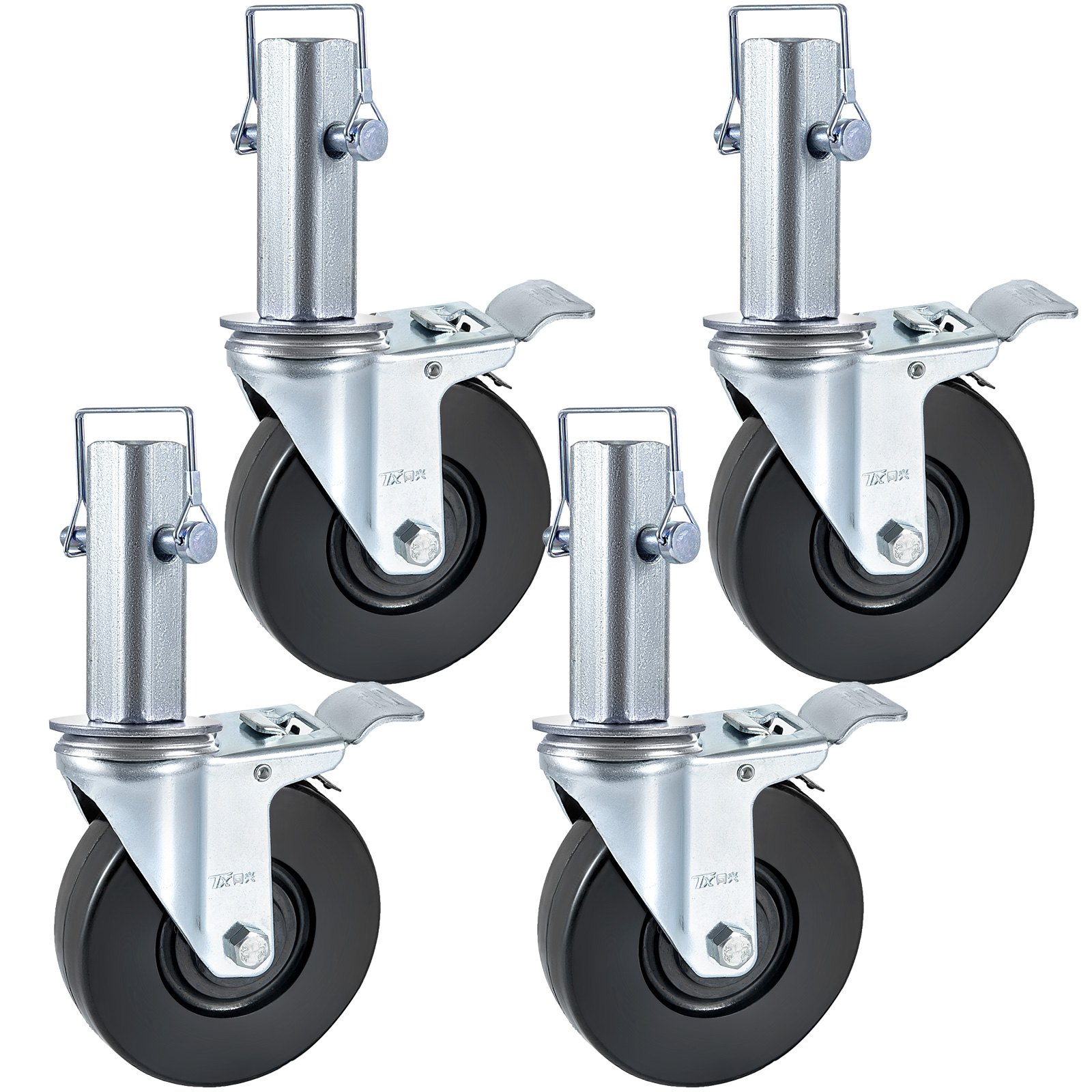 4 tk pakis 12,7 cm/12,7 cm vastupidavat kummist pöörlevat tellinguratast kahekordse lukustusega 3,2 cm (3,2 cm) kandilise varrega. Kandevõime 200 kg/199,6 kg ratta kohta.