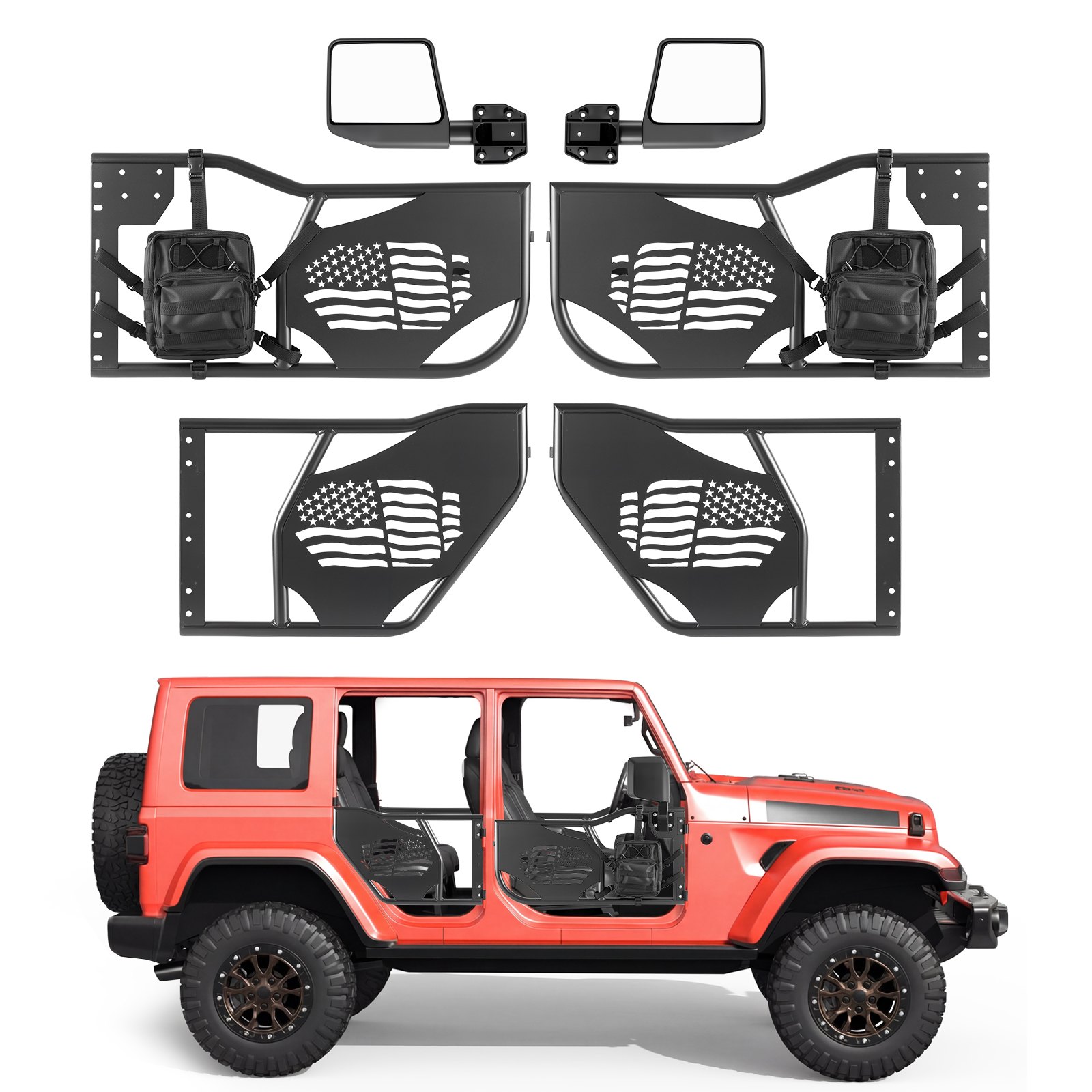 Jeepi toruuksed, 4-ukselised, ühilduvad 2007-2018 Jeep Wrangler JK Unlimited mudelitega, terasest maastikuauto esi- ja tagatoruuksed DOT-sertifitseeritud küljepeeglitega, hoiukoti ja kummipatjadega.