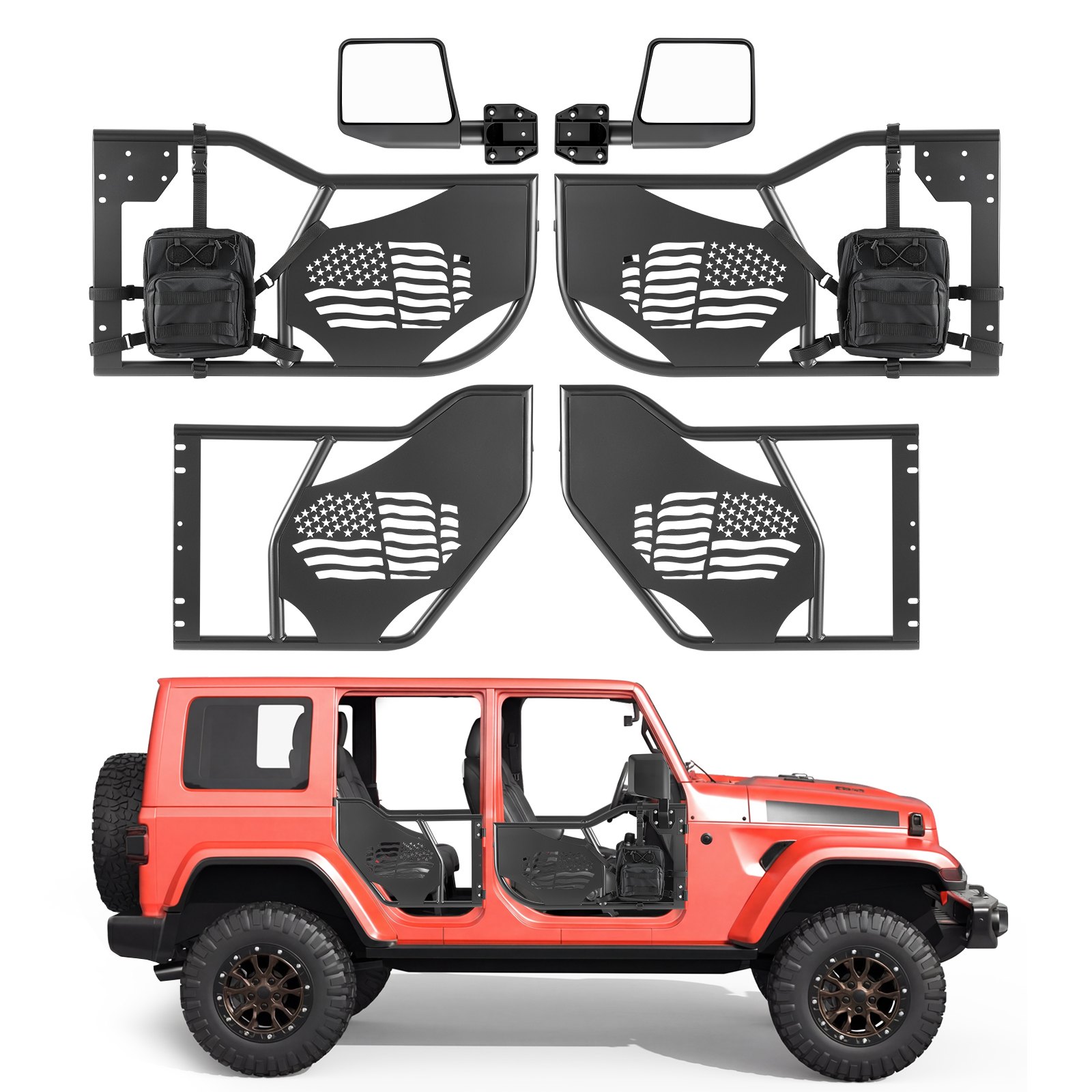 Jeepi toruuksed, 4-ukselised, sobivad 2018-2026 Jeep Wrangler JL ja 2020-2026 Gladiator JT mudelitele, lipumustriga maastikusõiduki esi- ja tagatoruuksed DOT-sertifitseeritud küljepeeglitega ja hoiukotiga.