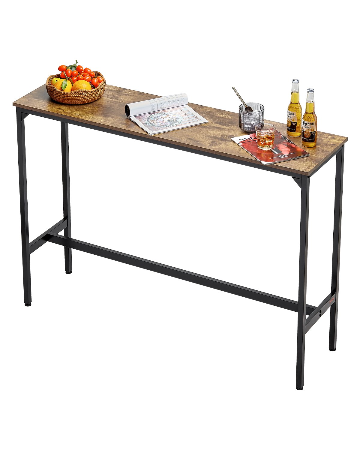 Baarilaud, vastupidav metallraamiga kõrge pubilaud, kitsas pikk köögi-söögilaud, kokteililetiga baarikõrgune laud, lihtne kokku panna, 140 x 38,1 x 99,1 cm, elutoa peoks, maalähedane pruun ja must