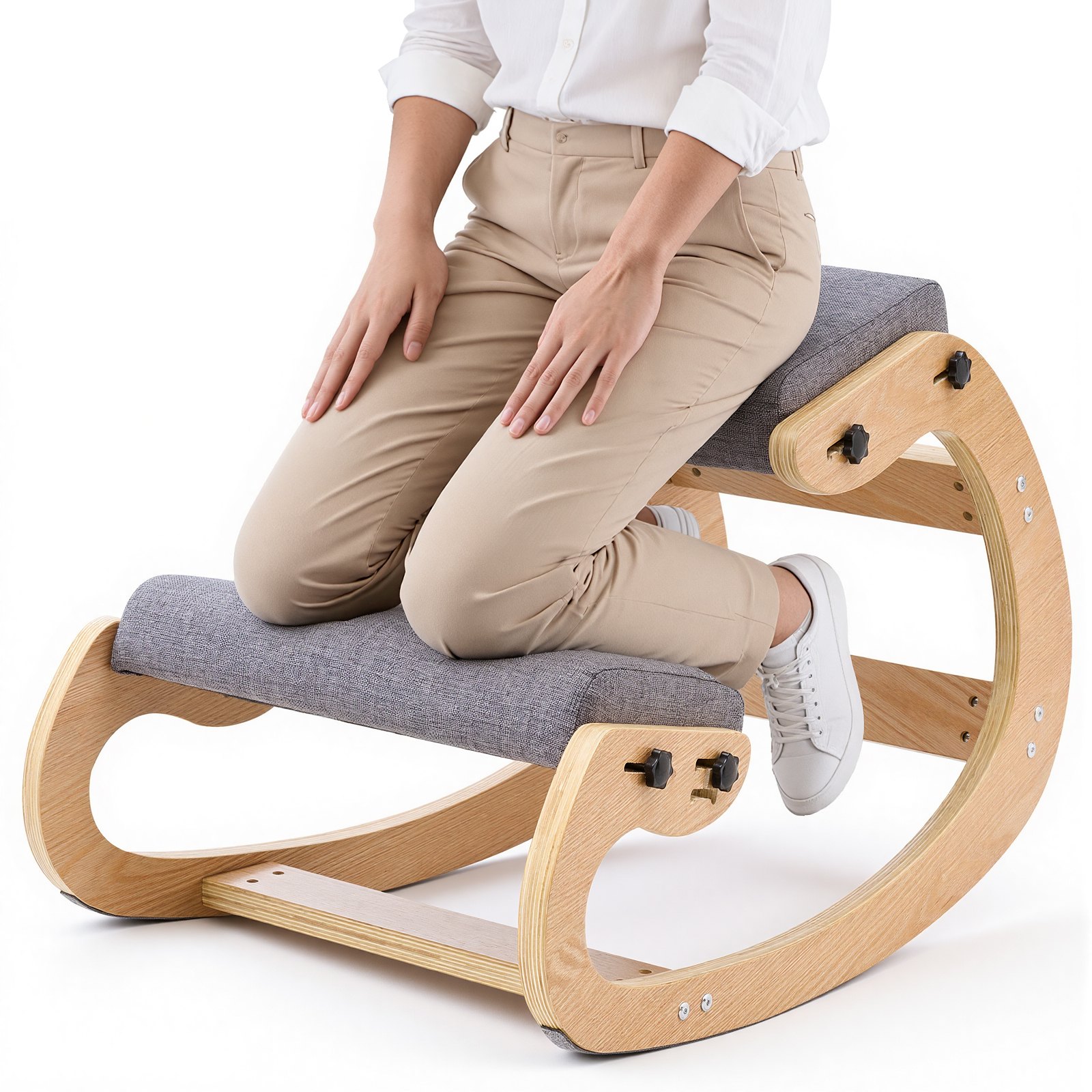 Ergonoomiline põlvitustool, puidust rühiga põlvetool reguleeritavate paksude vahtpatjade ja täispuidust raamiga, reguleeritava kõrgusega, leevendus kaela- või seljavaludele kodus, kontoris või meditatsiooniks, hall
