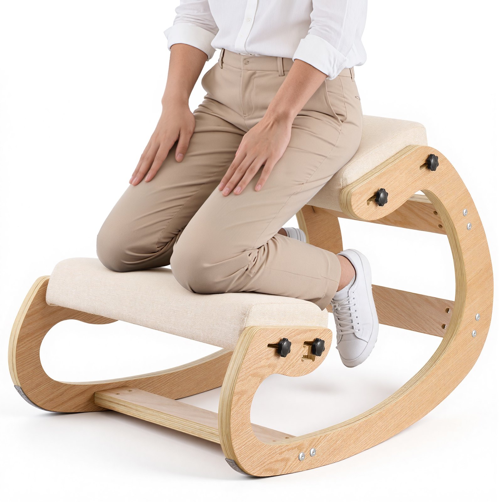 Ergonoomiline põlvitustool, puidust rühi reguleeritavate paksude vahtpatjade ja täispuidust raamiga põlvetool, reguleeritava kõrgusega, leevendus kaela- või seljavaludele kodus, kontoris või meditatsiooniks, beež