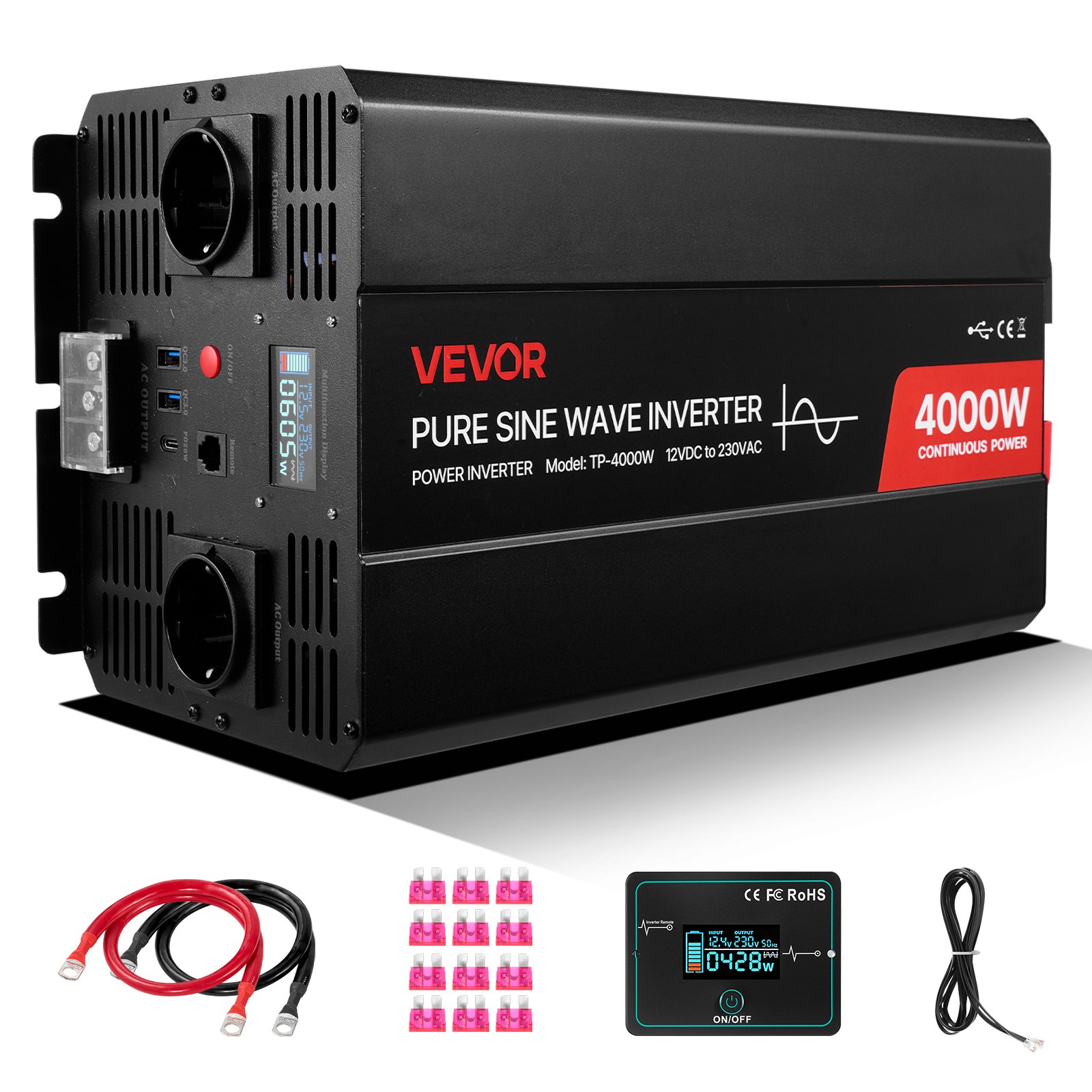 4000 W võimsusmuundur, 12 V alalisvoolust 230 V vahelduvvooluni puhas siinuslaine inverter
