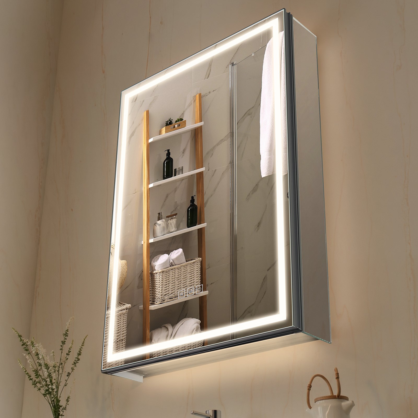 Valgustatud ravimikapp peegliga 50 x 70 cm süvistatav või seinale kinnitatav 3 värvi hämardatava LED-valgustusega