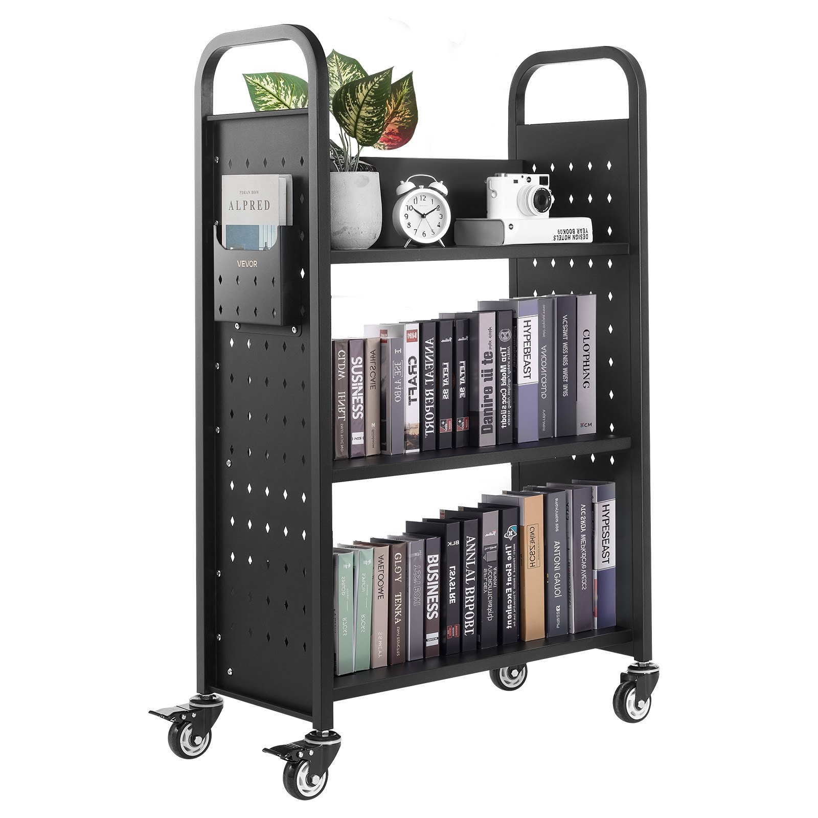 Raamatukäru ratastel kandevõime 150 kg mõõtmed 77 x 38 x 122 cm ühepoolsed L-kujulised riiulid 76 2 mm lukustatavate