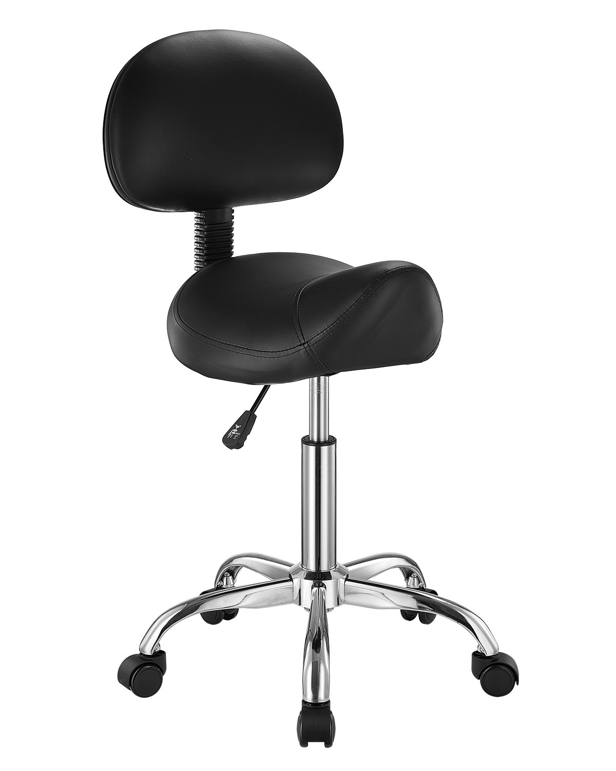 Sadulatool seljatoe ja ratastega, kandevõime 204 kg, ergonoomiline rulltool, kõrgusega reguleeritav, paksendatud PU-nahast pöörlev sadulatool salongi, spaa, massaaži, tätoveerimise, musta värvi jaoks