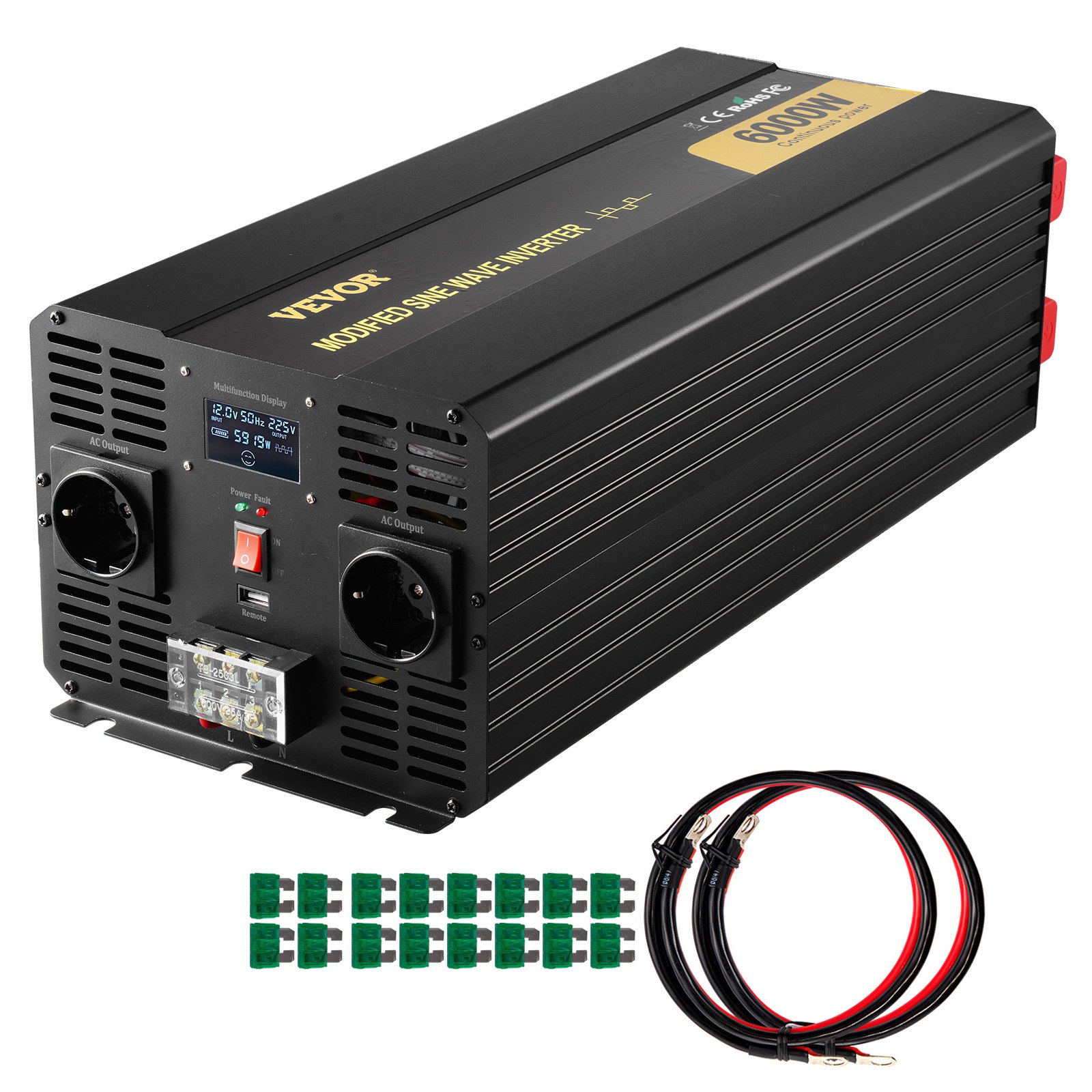 Toitemuundur 6000 W modifitseeritud siinuslaine inverter DC 12 V - AC 230 V automuundur LCD-ekraaniga