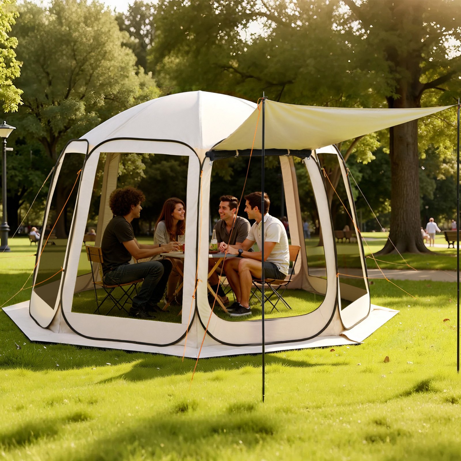 Sääsevõrguga telk-paviljon (3,7 x 3,4 m) koos lisavarikatusega, 10–12 inimesele, pop-up aiapaviljon